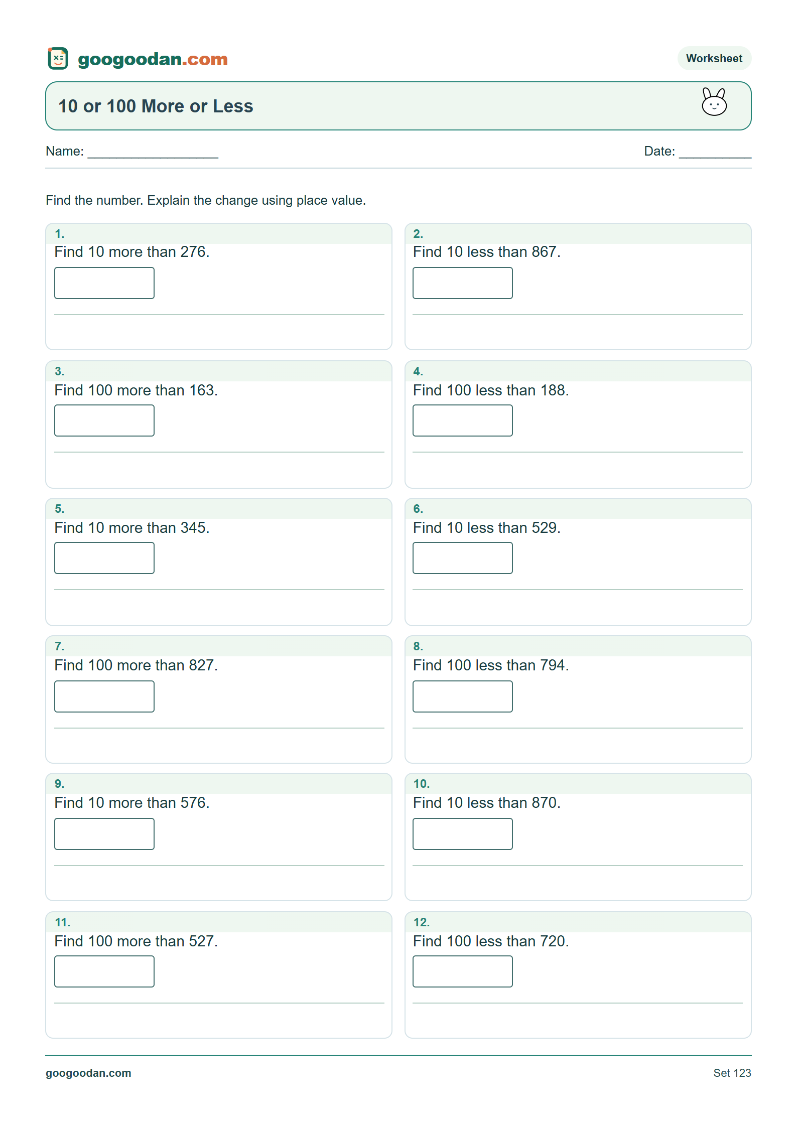 Full printable worksheet preview: 10 or 100 More or Less