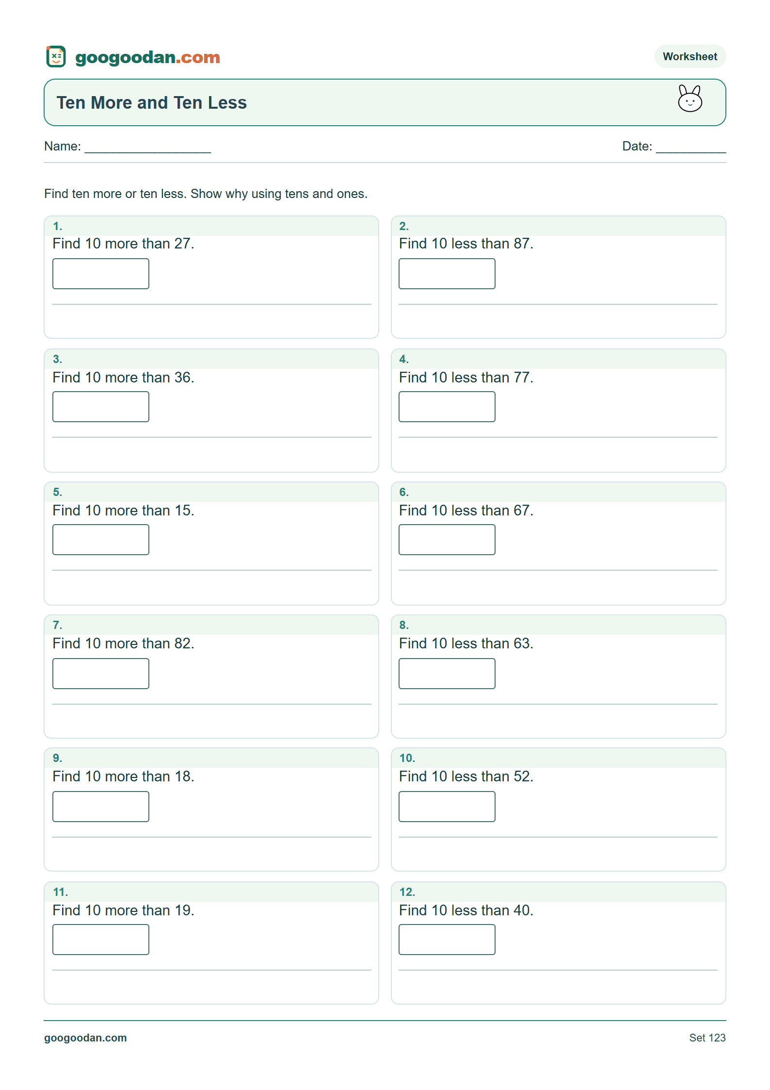 Full printable worksheet preview: Ten More and Ten Less