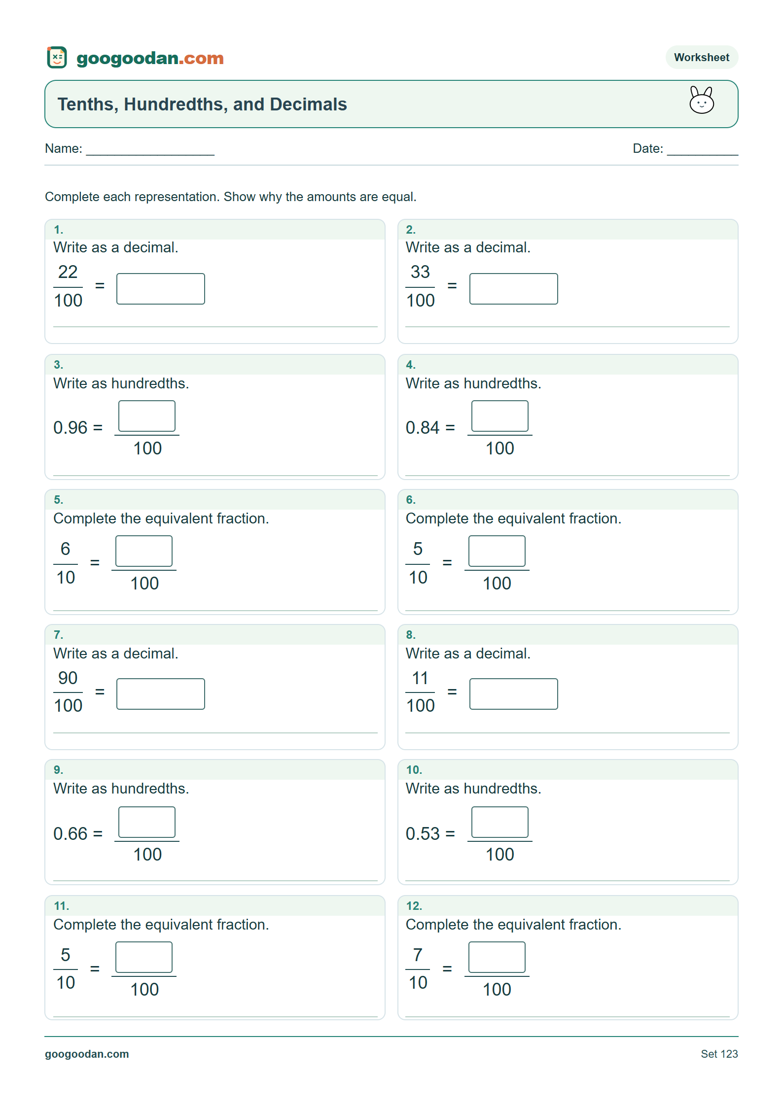 Full printable worksheet preview: Tenths, Hundredths, and Decimals
