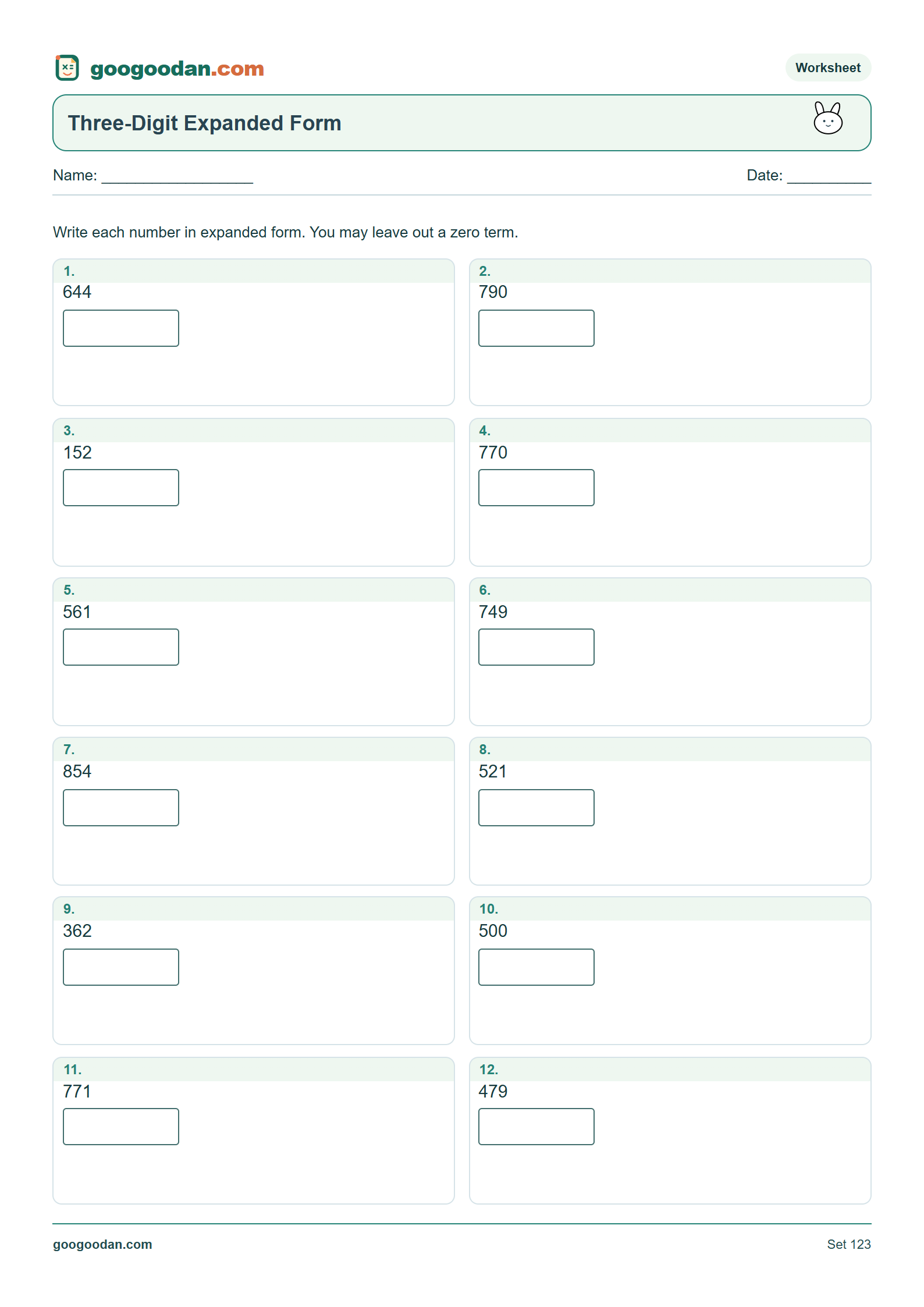 Full printable worksheet preview: Three-Digit Expanded Form