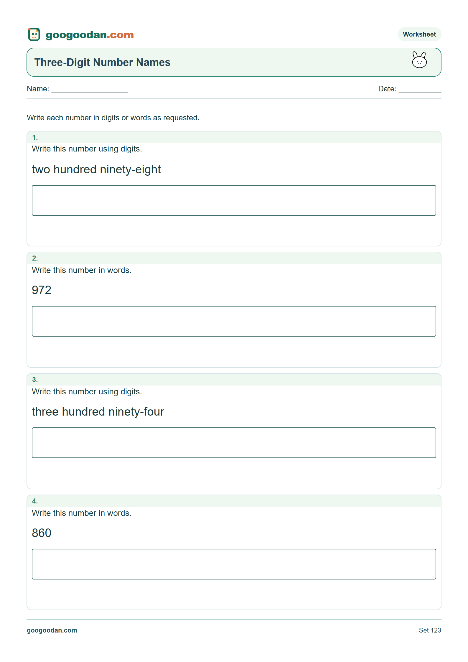 Full printable worksheet preview: Three-Digit Number Names