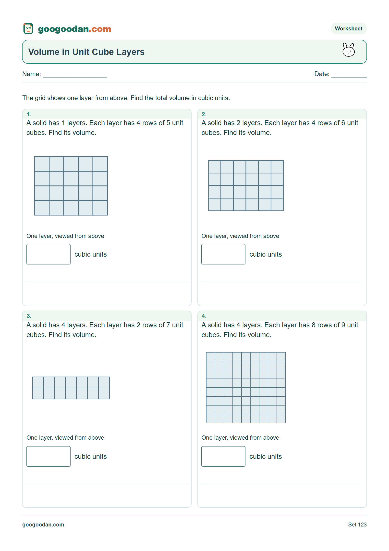 Full printable worksheet preview: Volume with Layers of Unit Cubes