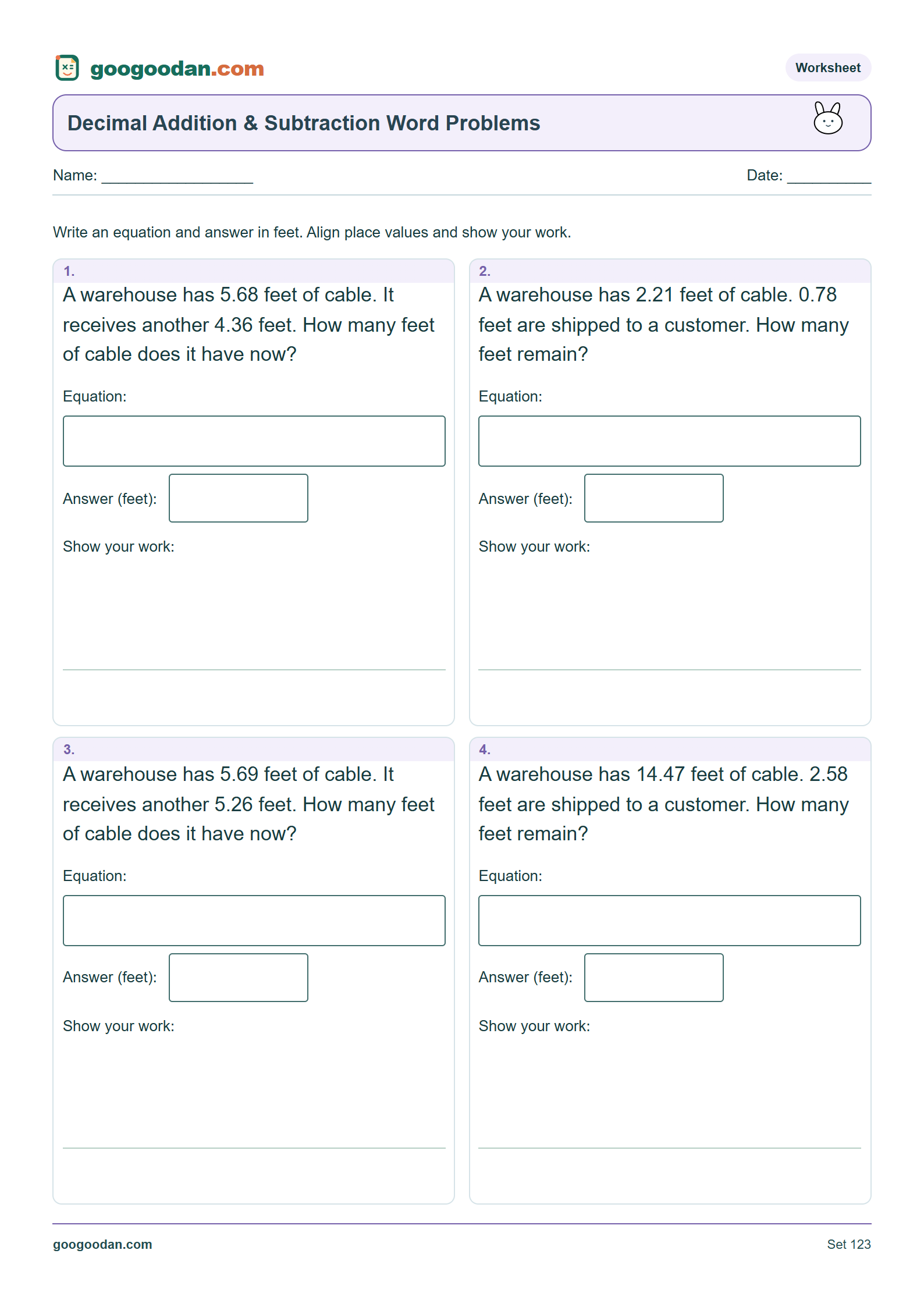Full printable worksheet preview: Adding and Subtracting Decimals Word Problems