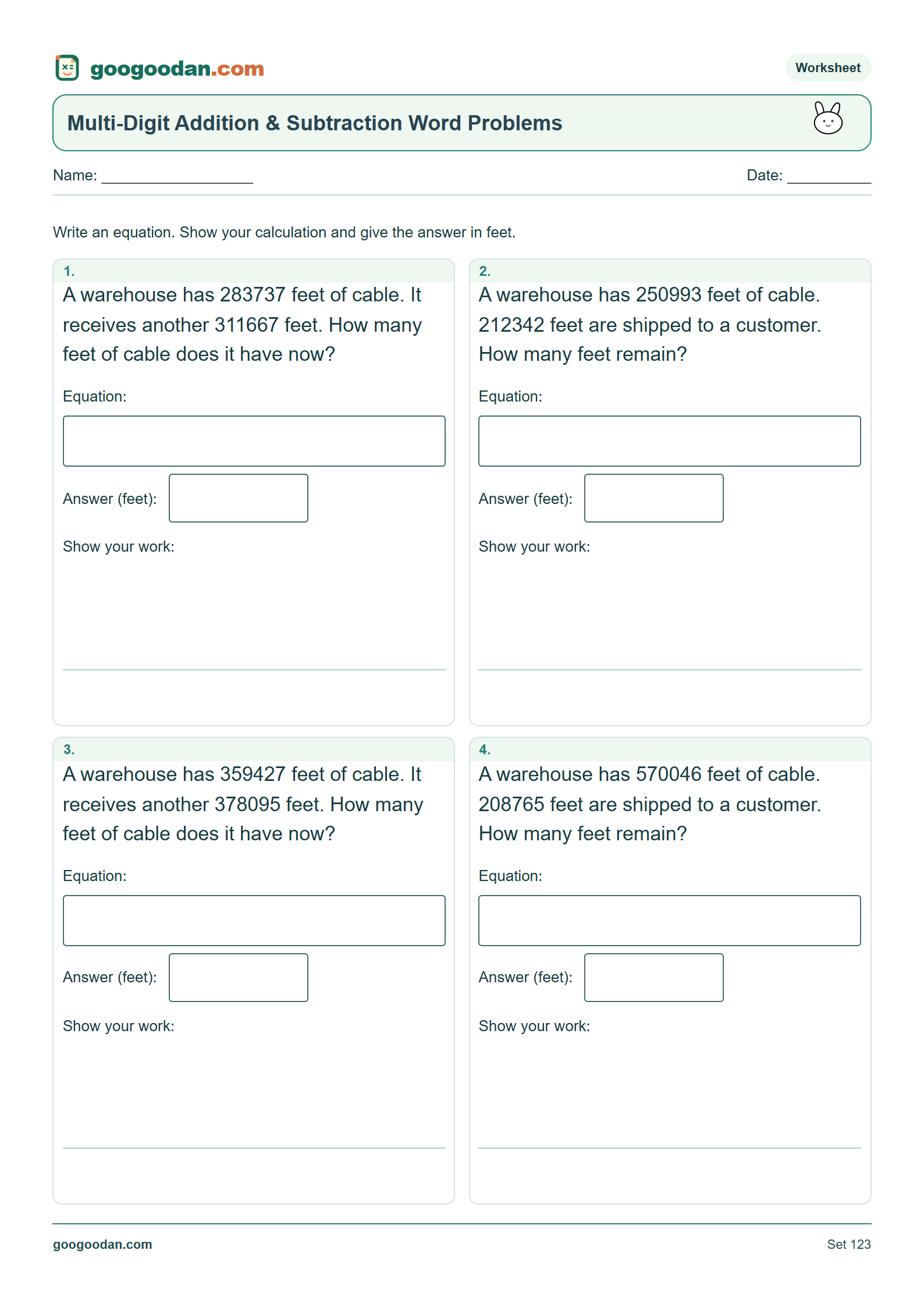 Full printable worksheet preview: Multi-Digit Addition and Subtraction Word Problems