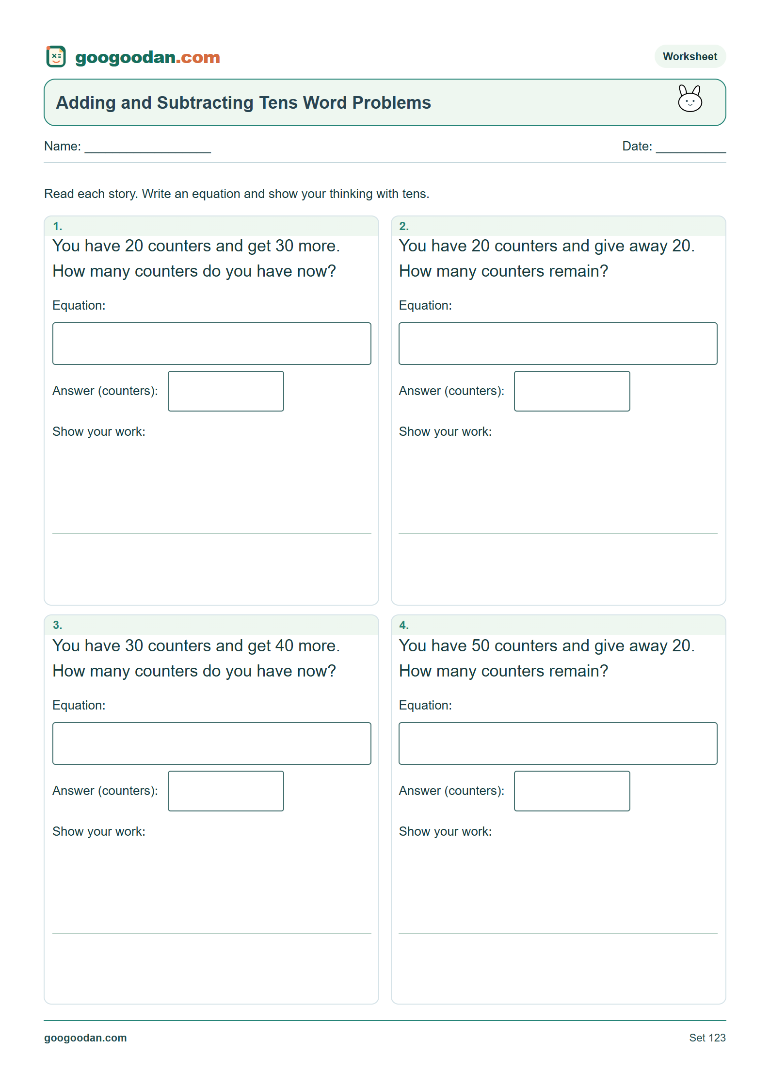 Full printable worksheet preview: Adding and Subtracting Tens Word Problems