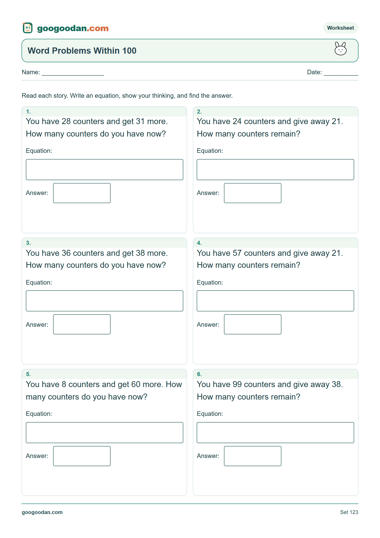 Full printable worksheet preview: Addition & Subtraction Word Problems Within 100