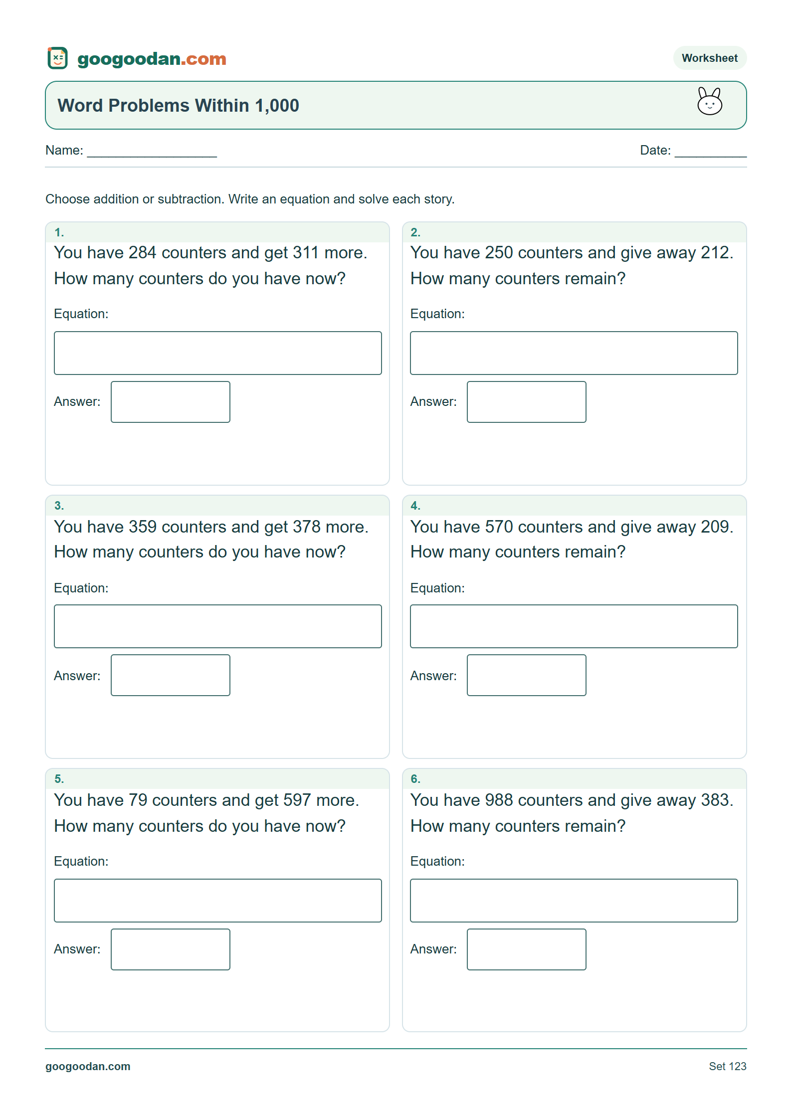 Full printable worksheet preview: Addition and Subtraction Word Problems Within 1,000