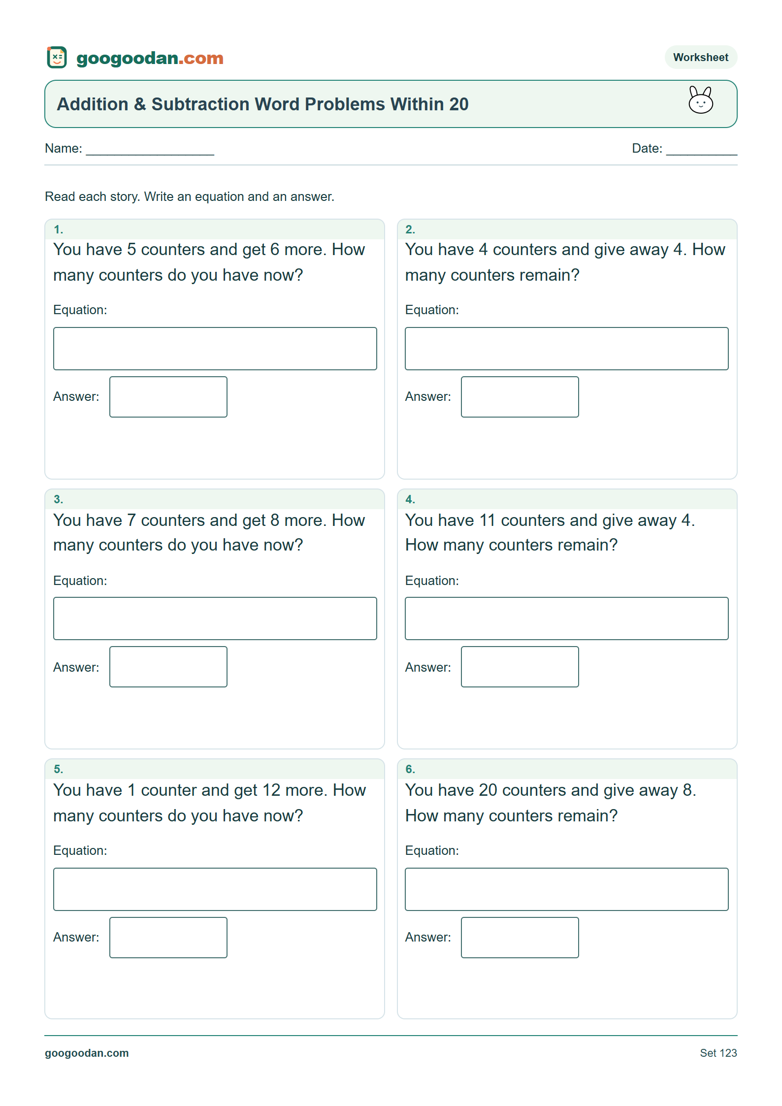 Full printable worksheet preview: Addition and Subtraction Word Problems Within 20