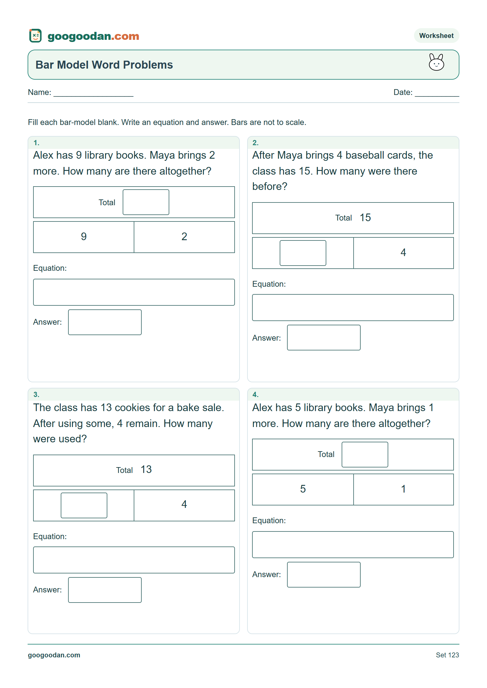 Full printable worksheet preview: Bar Model Word Problems
