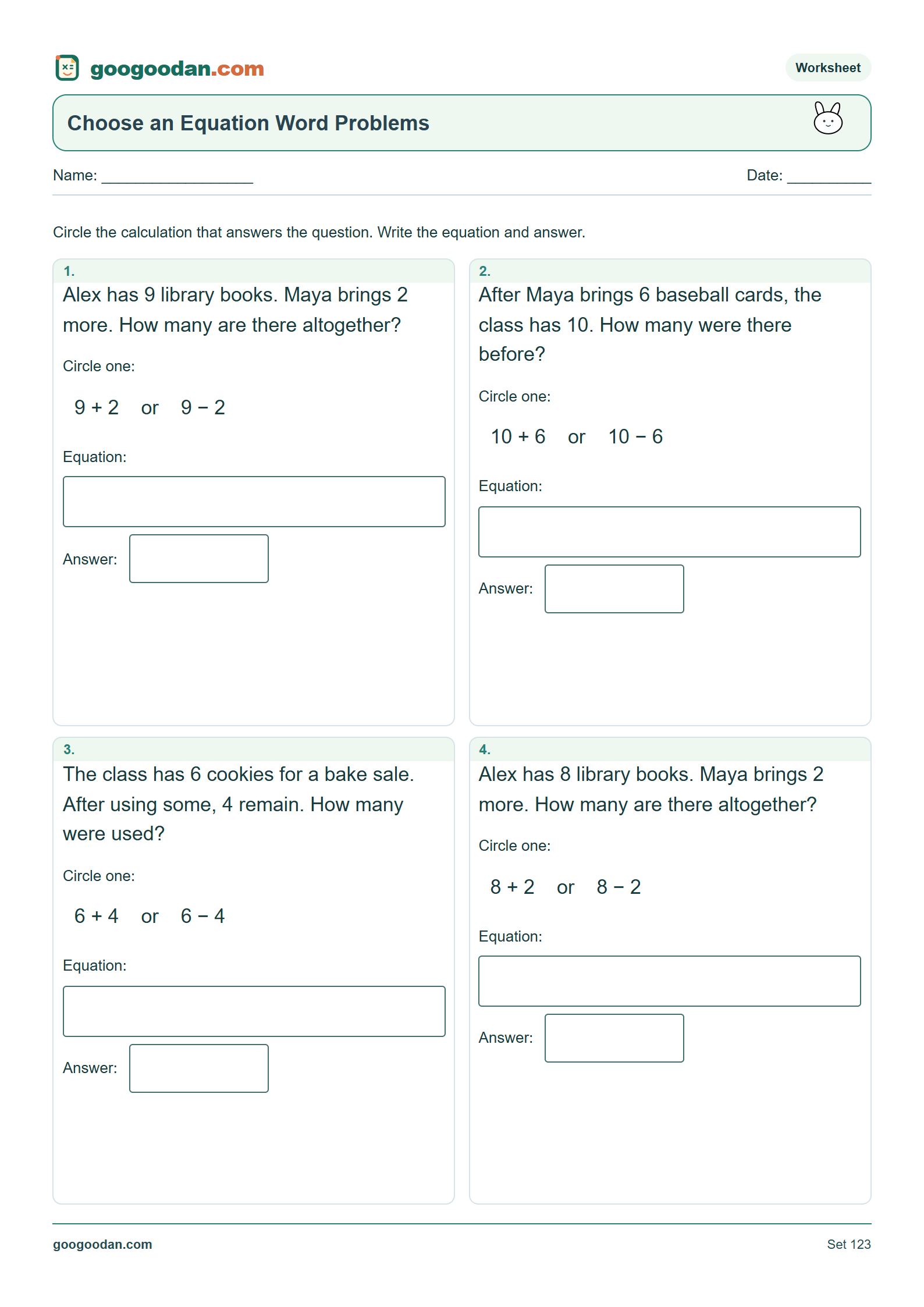 Full printable worksheet preview: Choose an Equation Word Problems