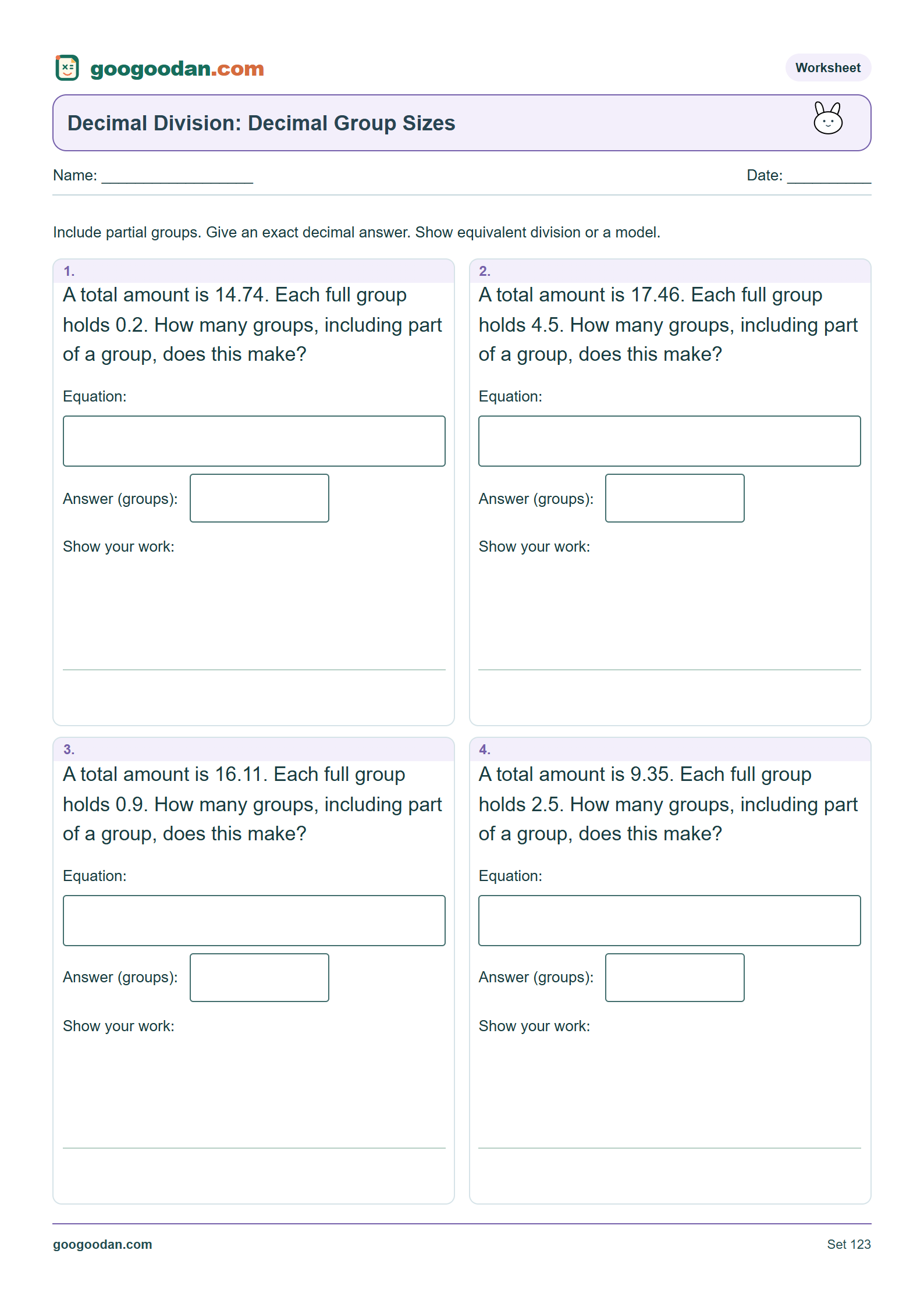 Full printable worksheet preview: Dividing by Decimals Word Problems