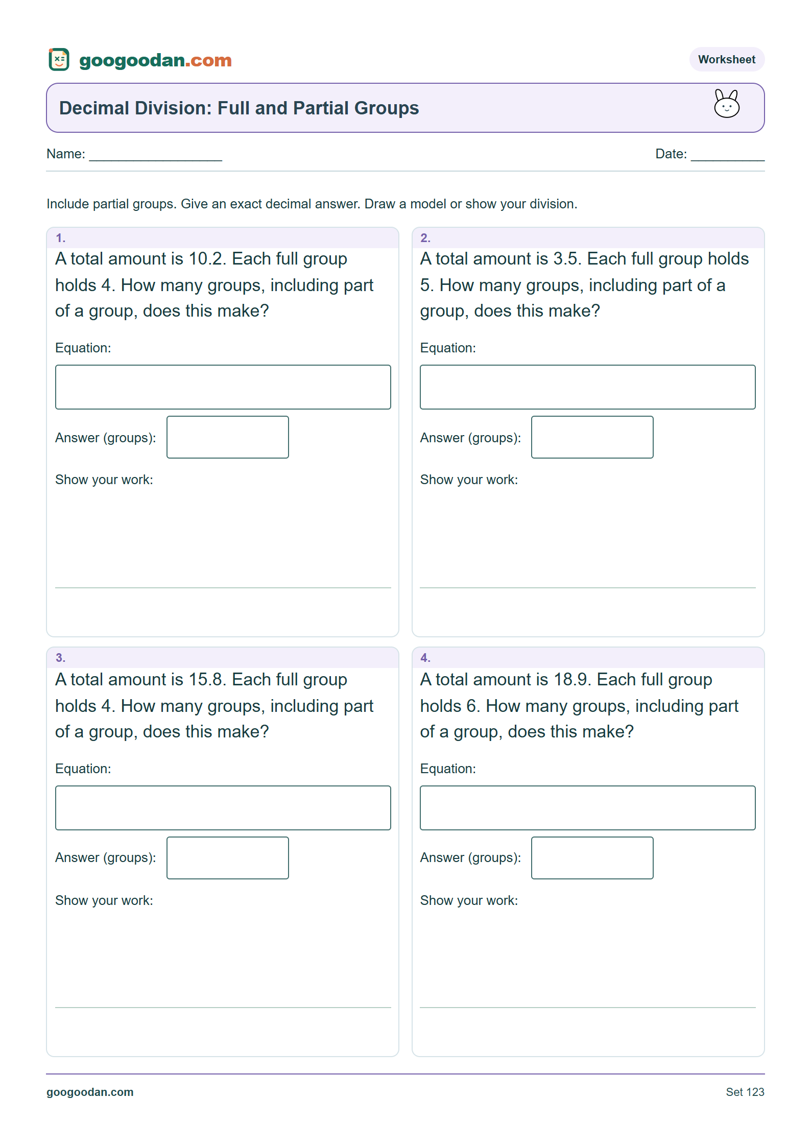Full printable worksheet preview: Dividing Decimals by Whole Numbers Word Problems