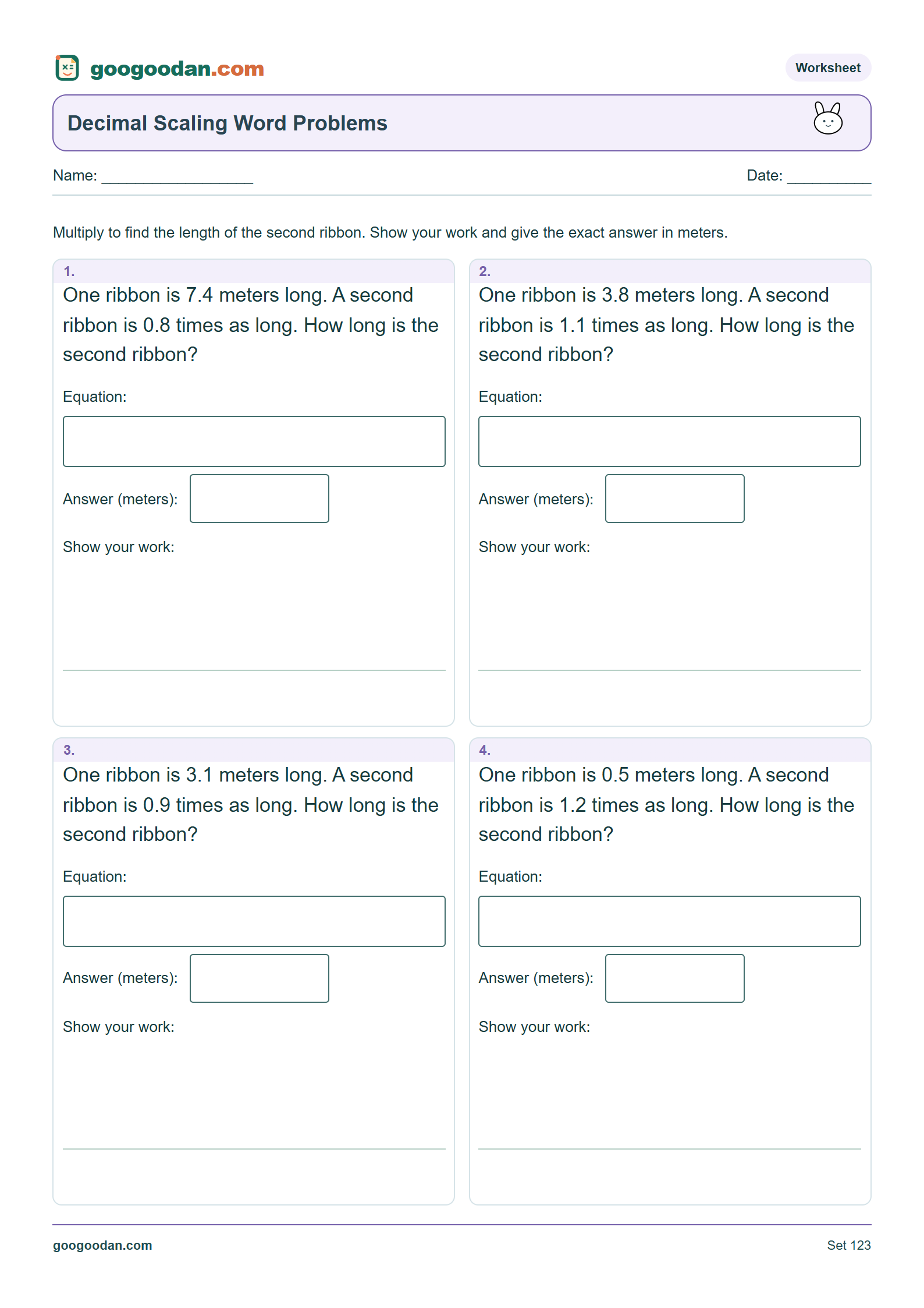 Full printable worksheet preview: Decimal Scaling Word Problems