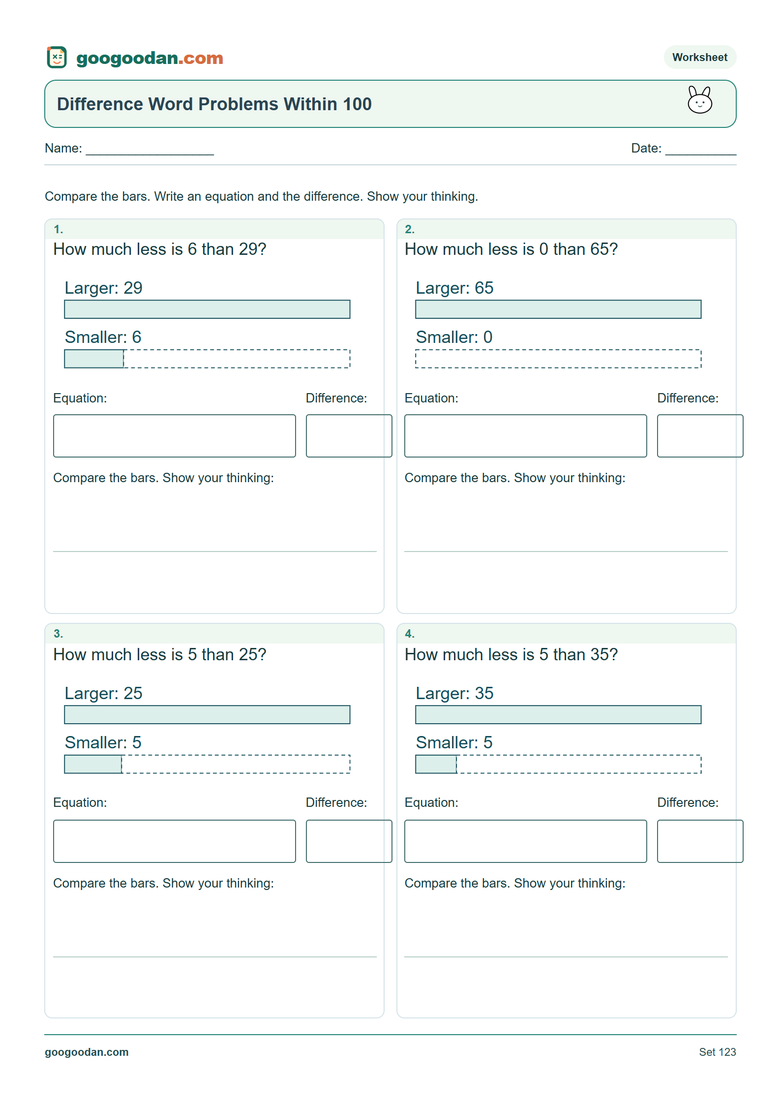 Full printable worksheet preview: Difference Word Problems — Within 100 or 1,000