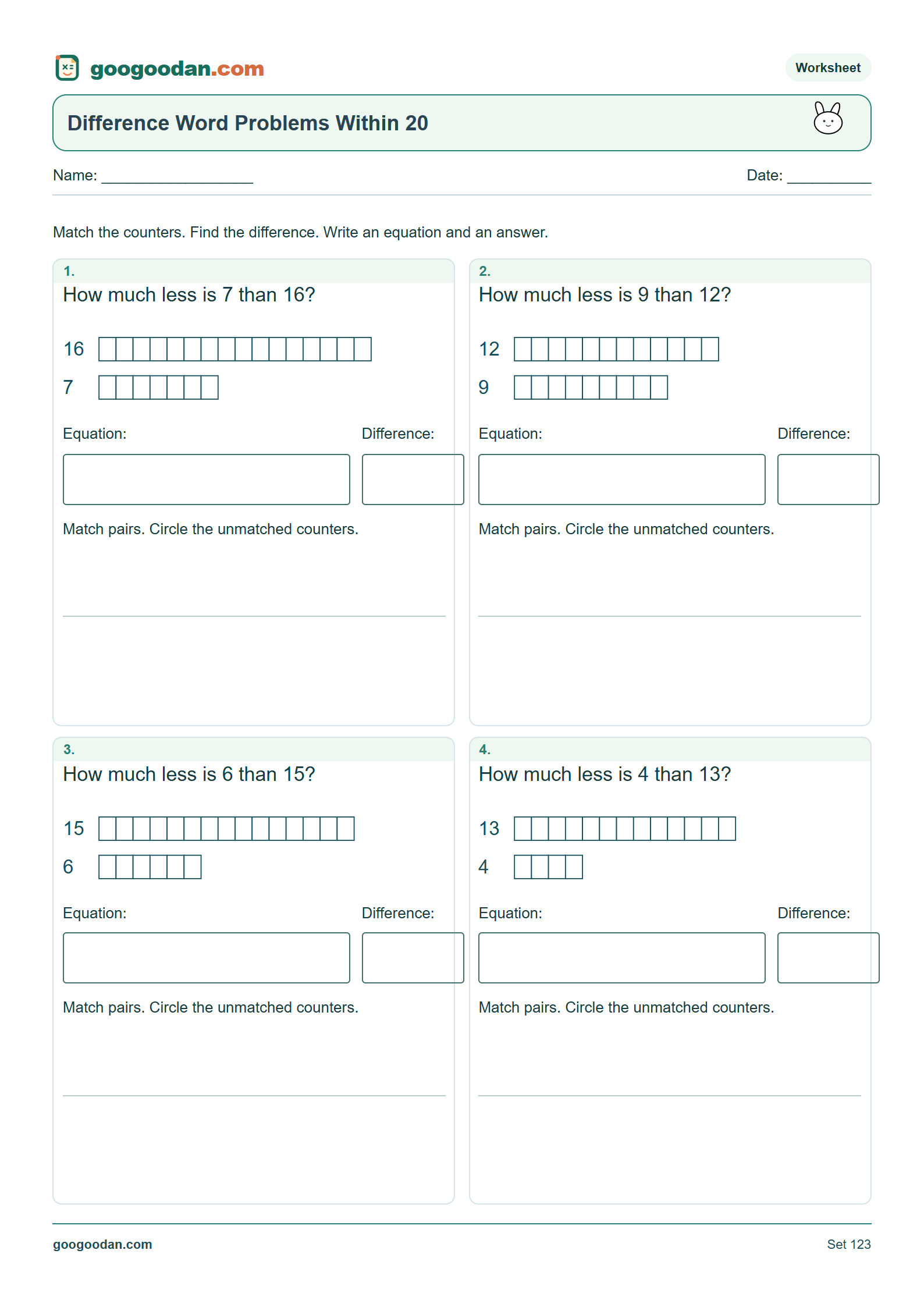 Full printable worksheet preview: Difference Word Problems Within 20