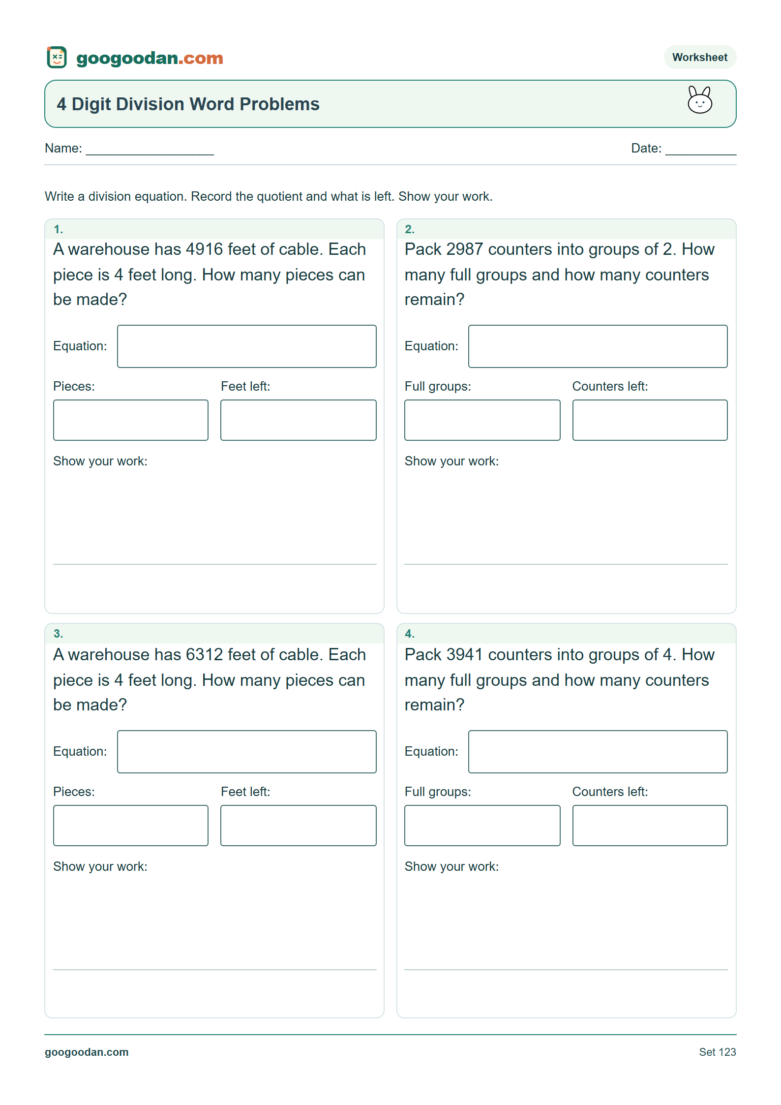 Full printable worksheet preview: 4 Digit Division Word Problems With and Without Remainders
