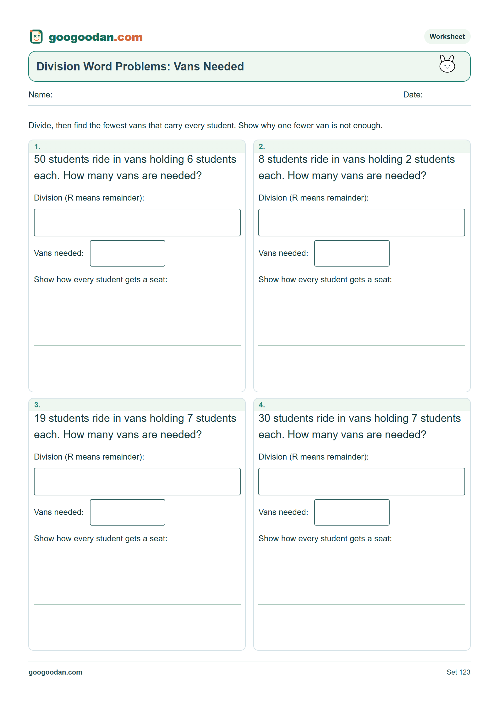 Full printable worksheet preview: Division Word Problems: Round Up the Remainder