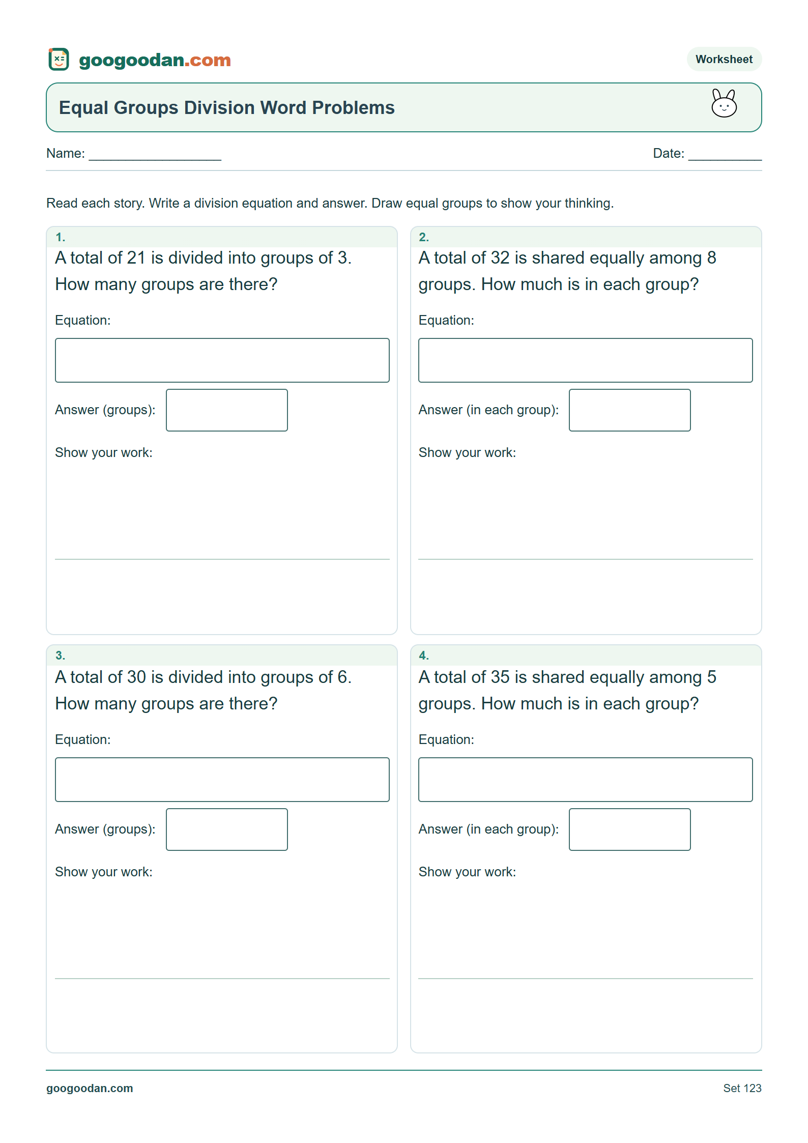 Full printable worksheet preview: Equal Groups Division Word Problems