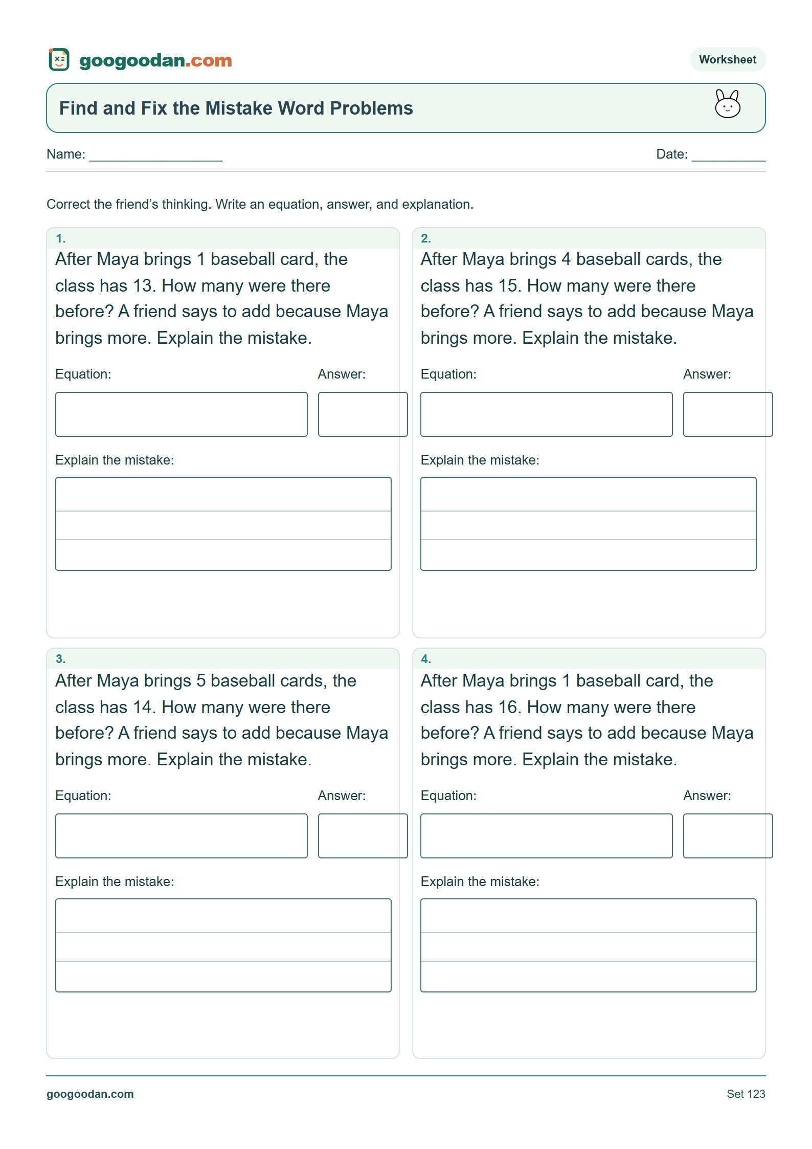 Full printable worksheet preview: Error Analysis Word Problems: Find and Fix the Mistake