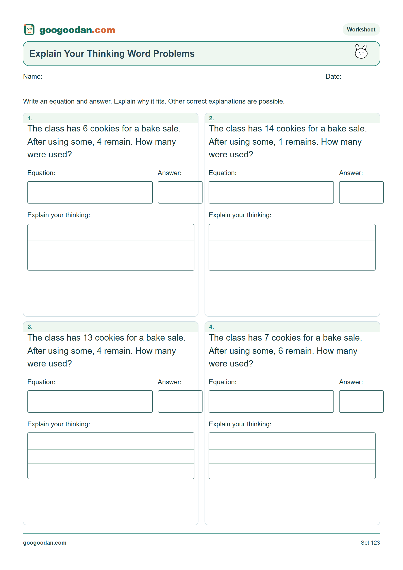 Full printable worksheet preview: Explain Your Thinking Word Problems