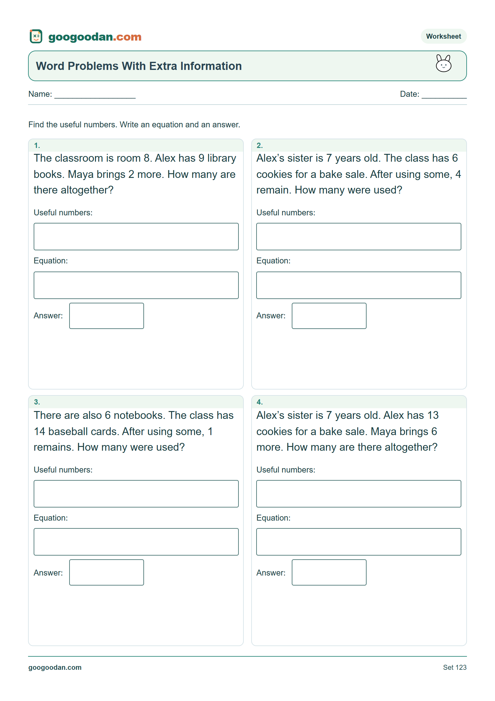 Full printable worksheet preview: Word Problems With Extra Information