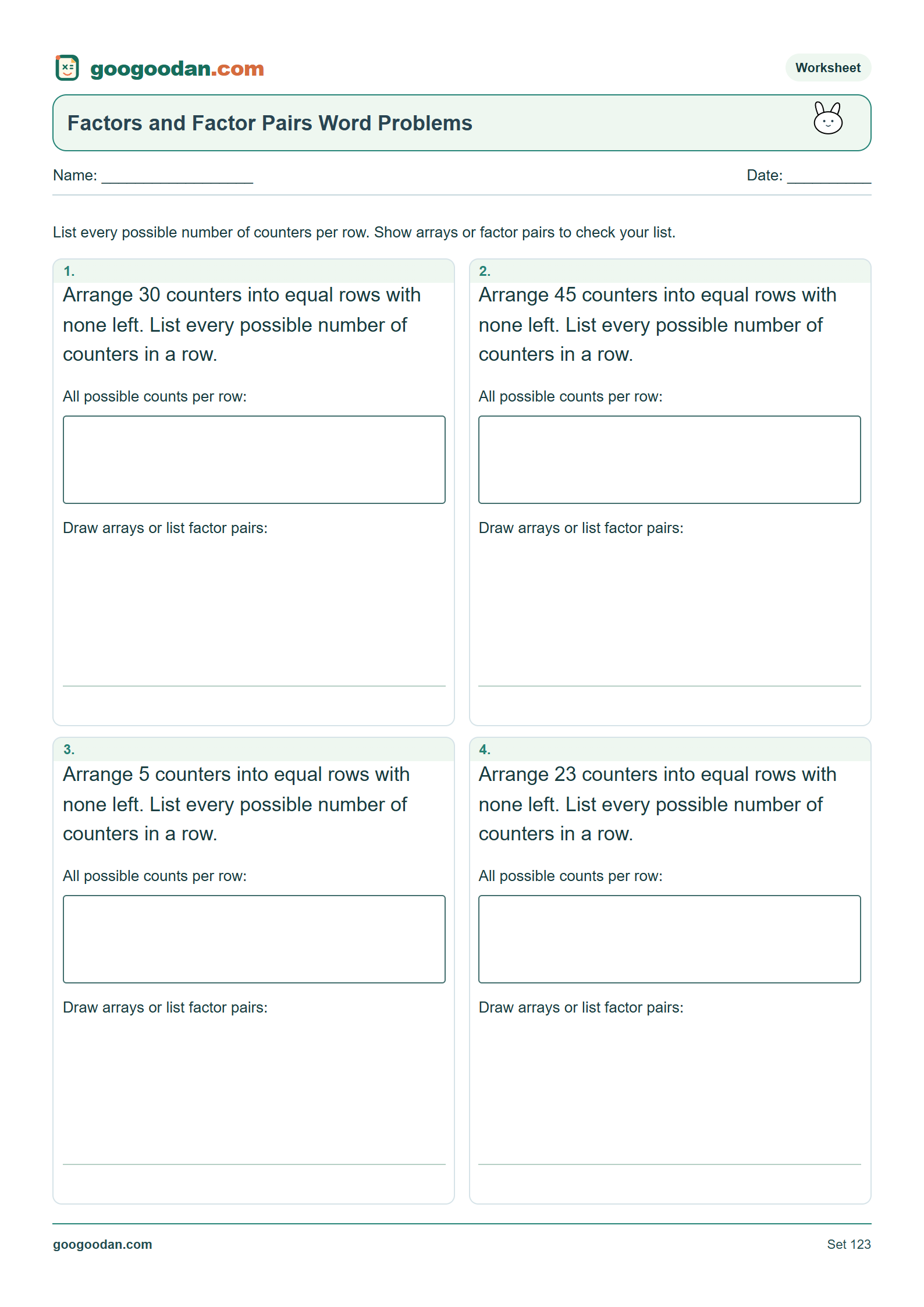 Full printable worksheet preview: Factors and Factor Pairs Word Problems