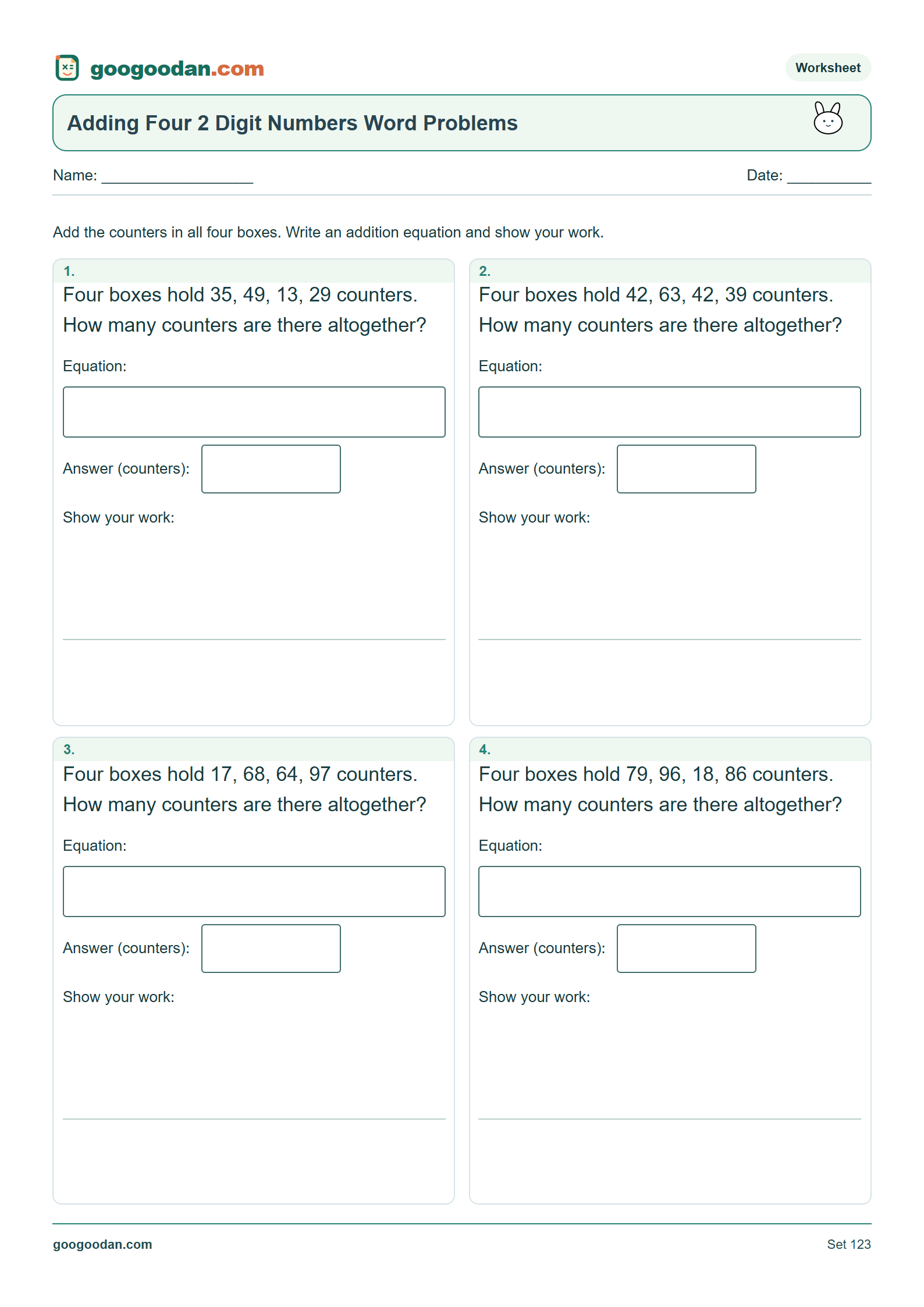 Full printable worksheet preview: Adding Four 2 Digit Numbers Word Problems