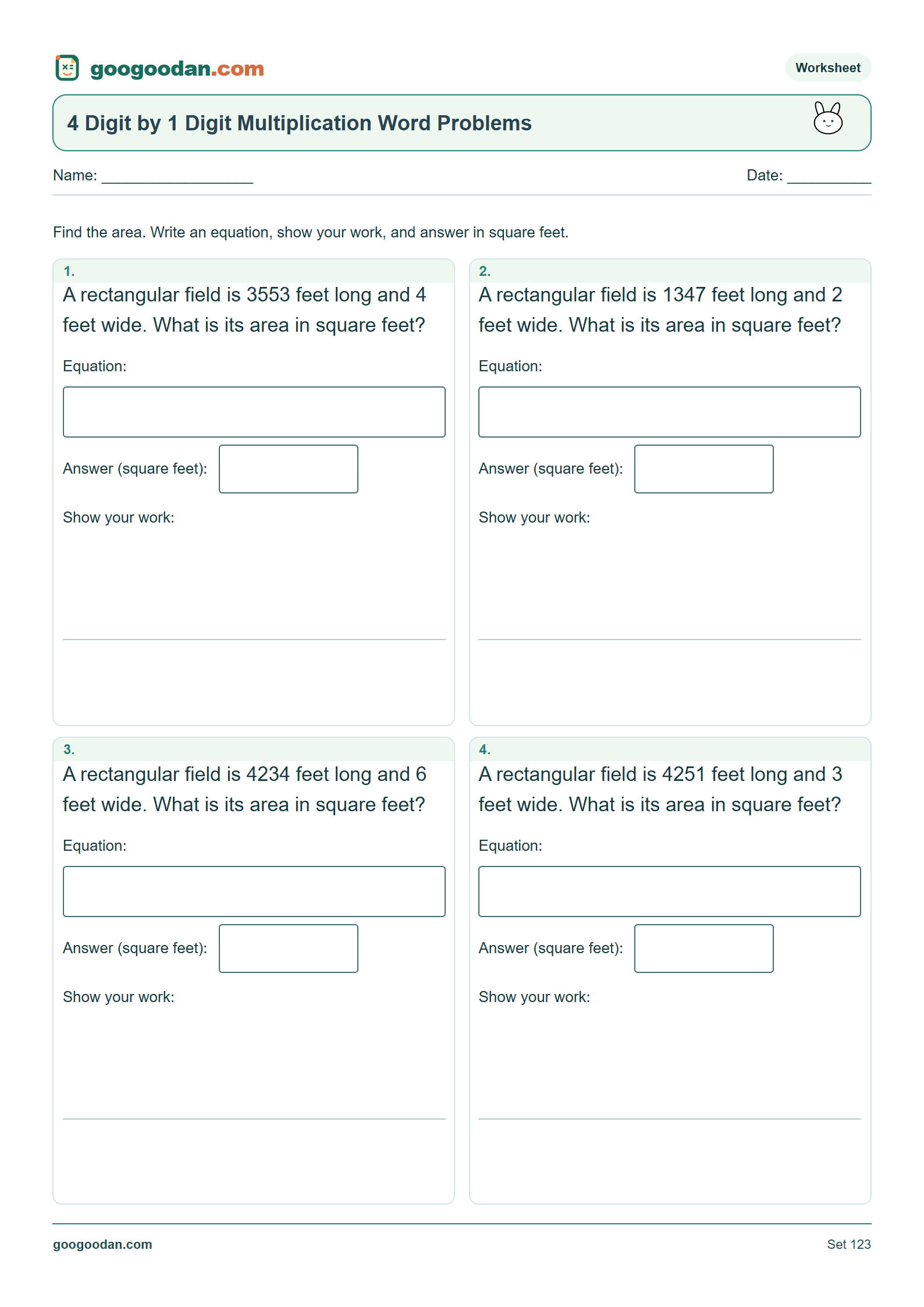 Full printable worksheet preview: 4 Digit by 1 Digit Multiplication Word Problems