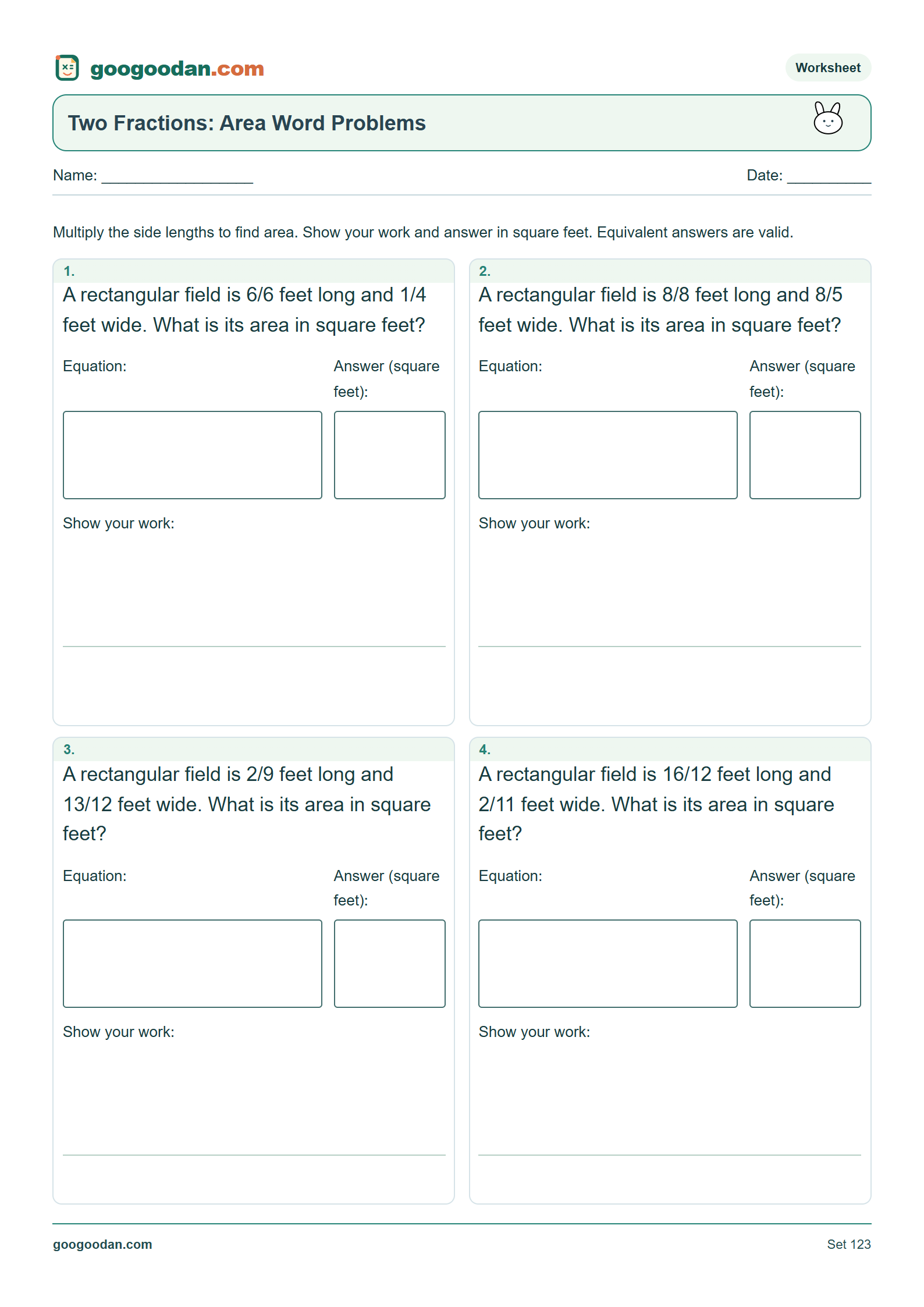 Full printable worksheet preview: Multiplying Two Fractions Word Problems: Area