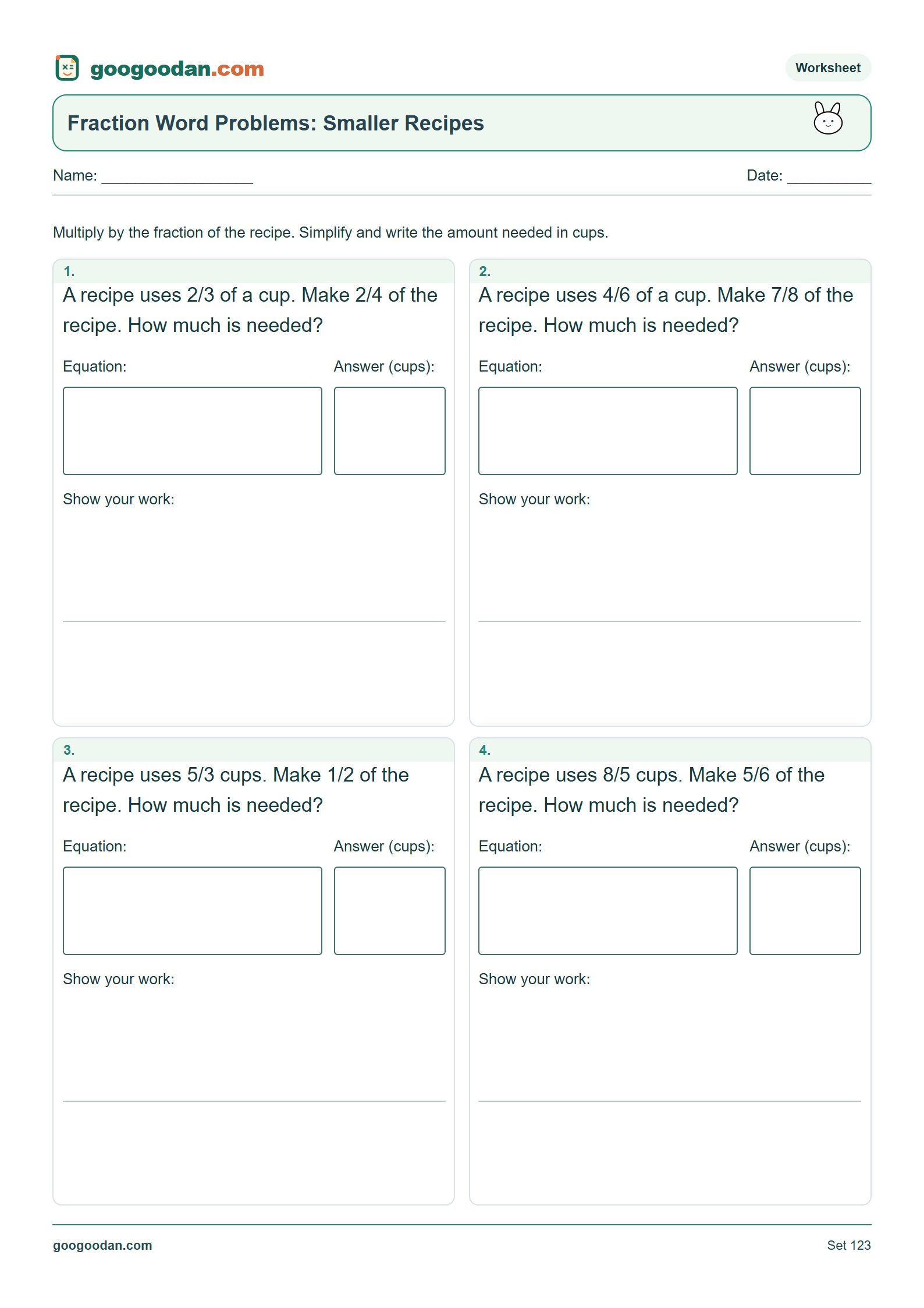 Full printable worksheet preview: Fraction Multiplication Word Problems: Recipes