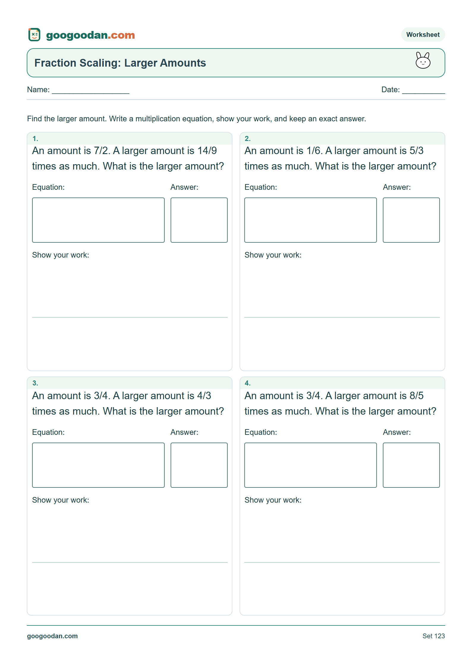 Full printable worksheet preview: Fraction Scaling Word Problems: Making Amounts Larger