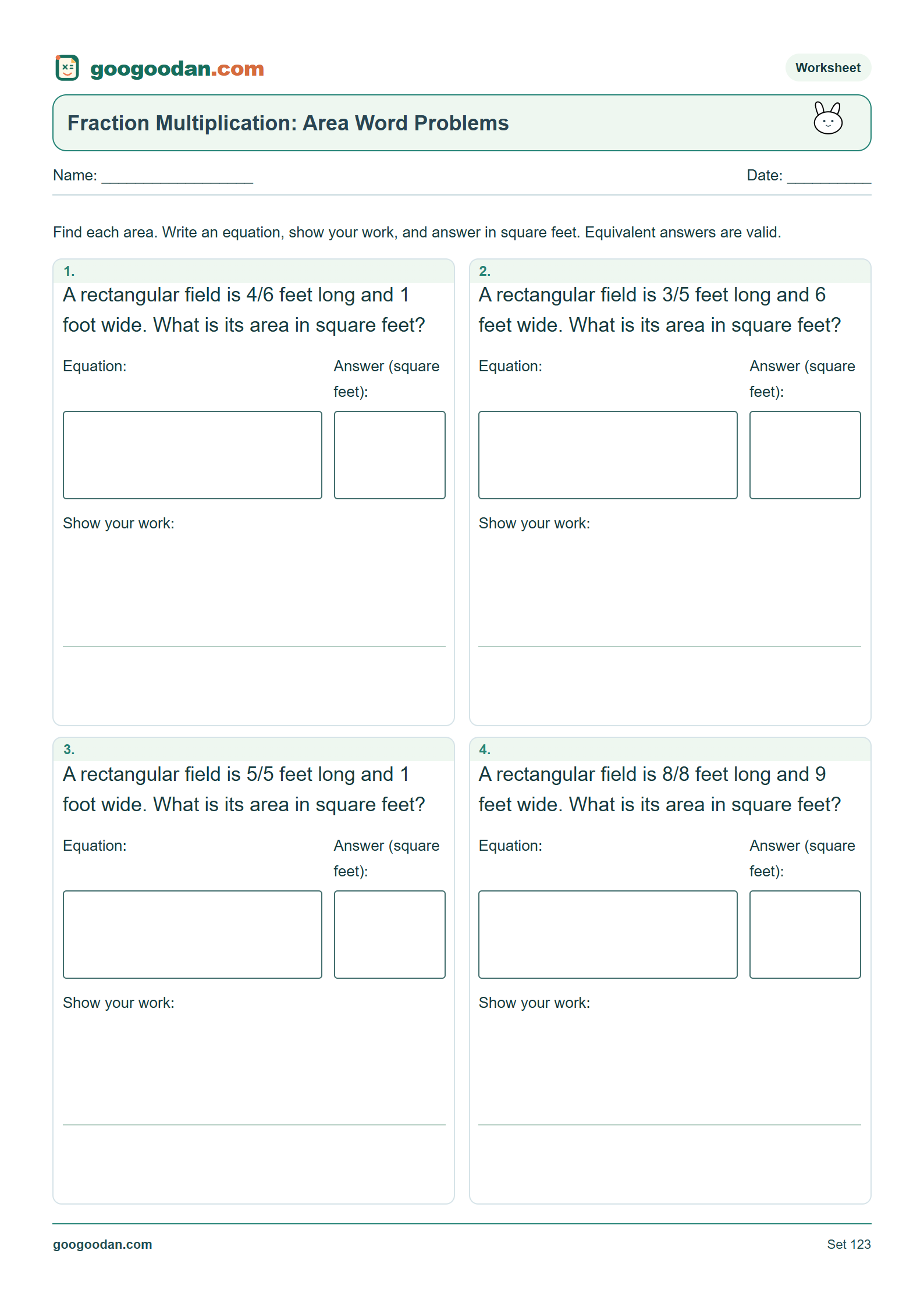 Full printable worksheet preview: Fraction Multiplication Word Problems: Rectangle Area
