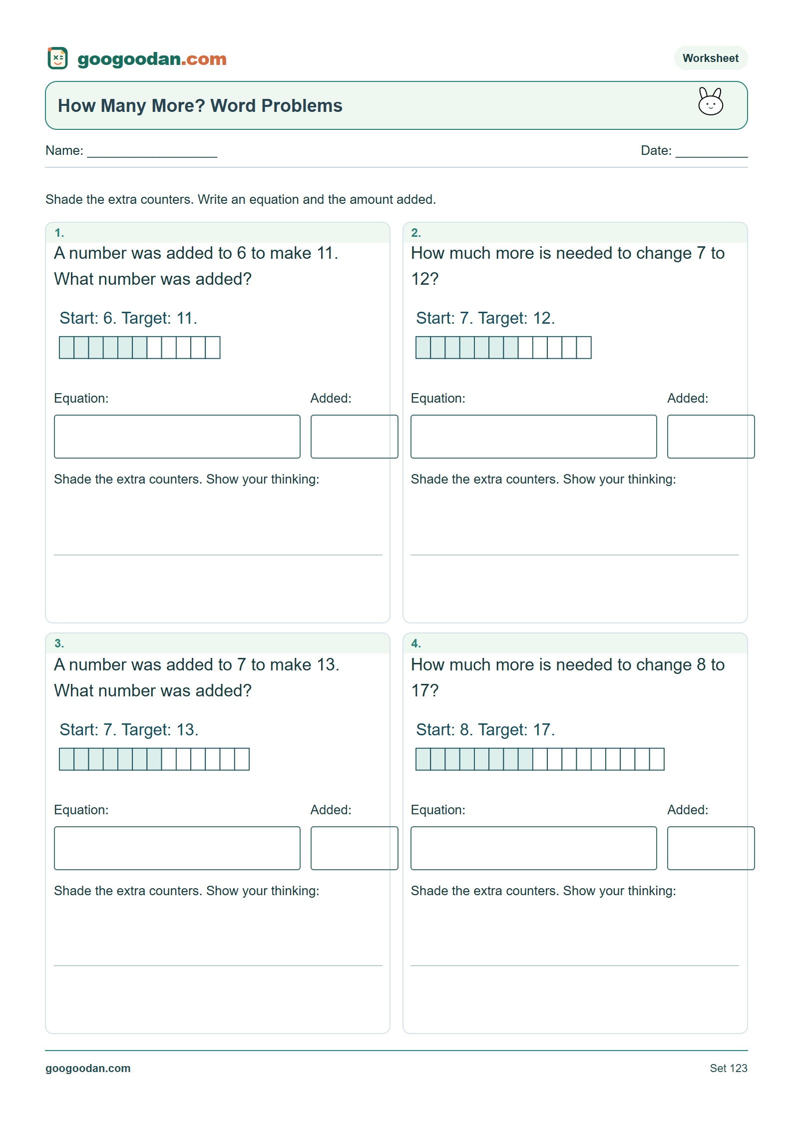 Full printable worksheet preview: How Many More? Word Problems Within 20