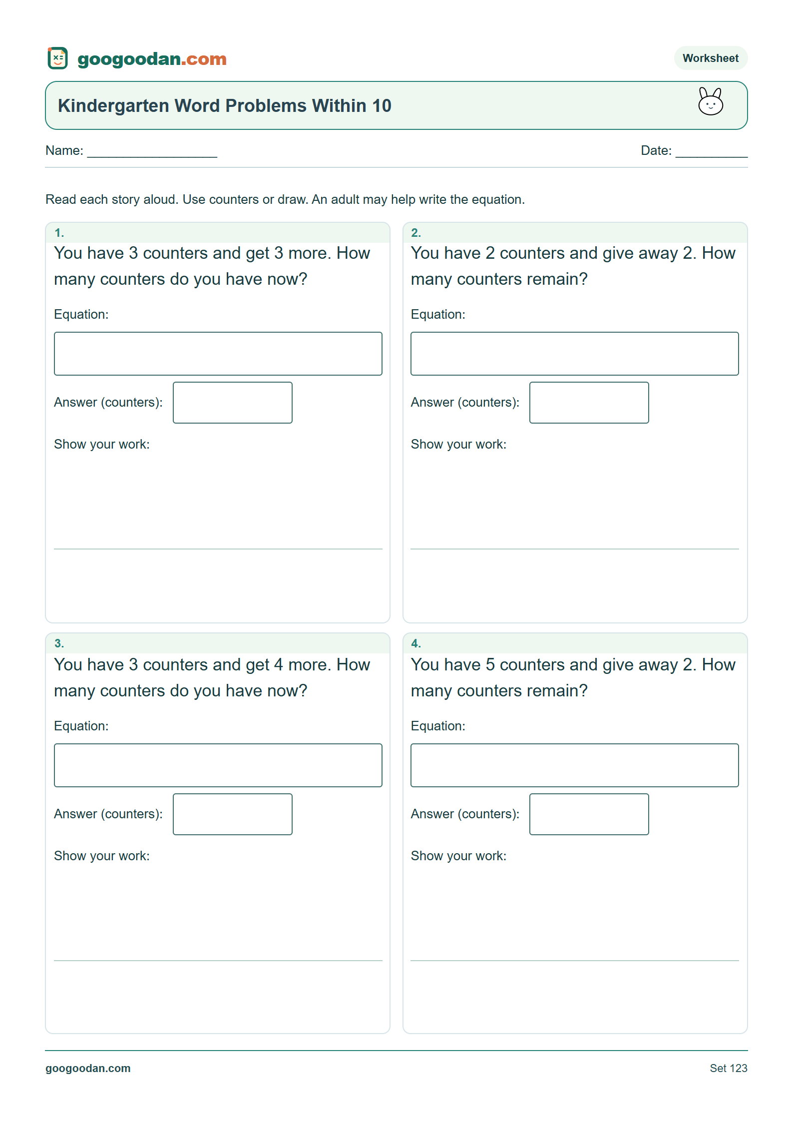 Full printable worksheet preview: Kindergarten Word Problems Within 10