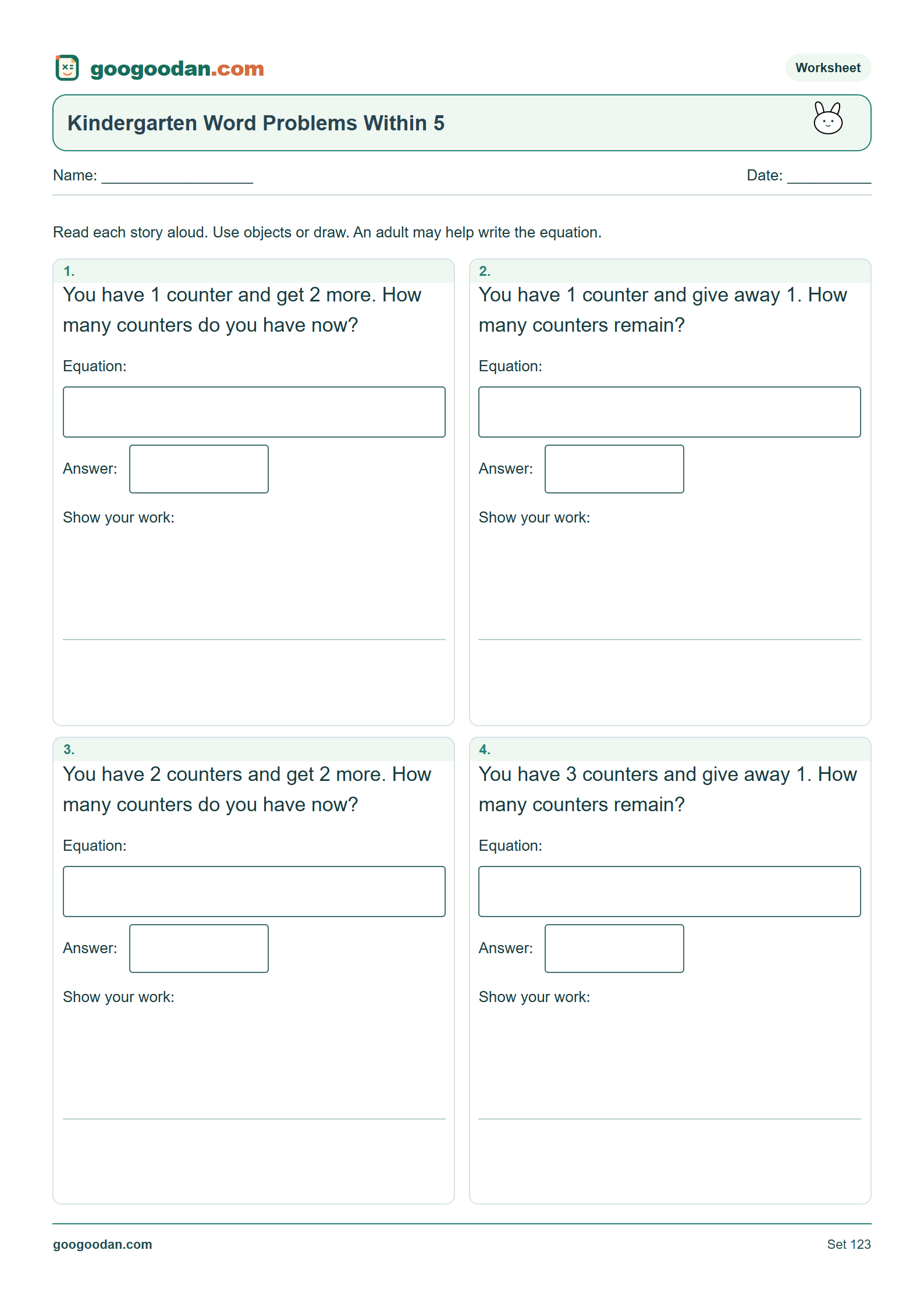 Full printable worksheet preview: Kindergarten Word Problems Within 5