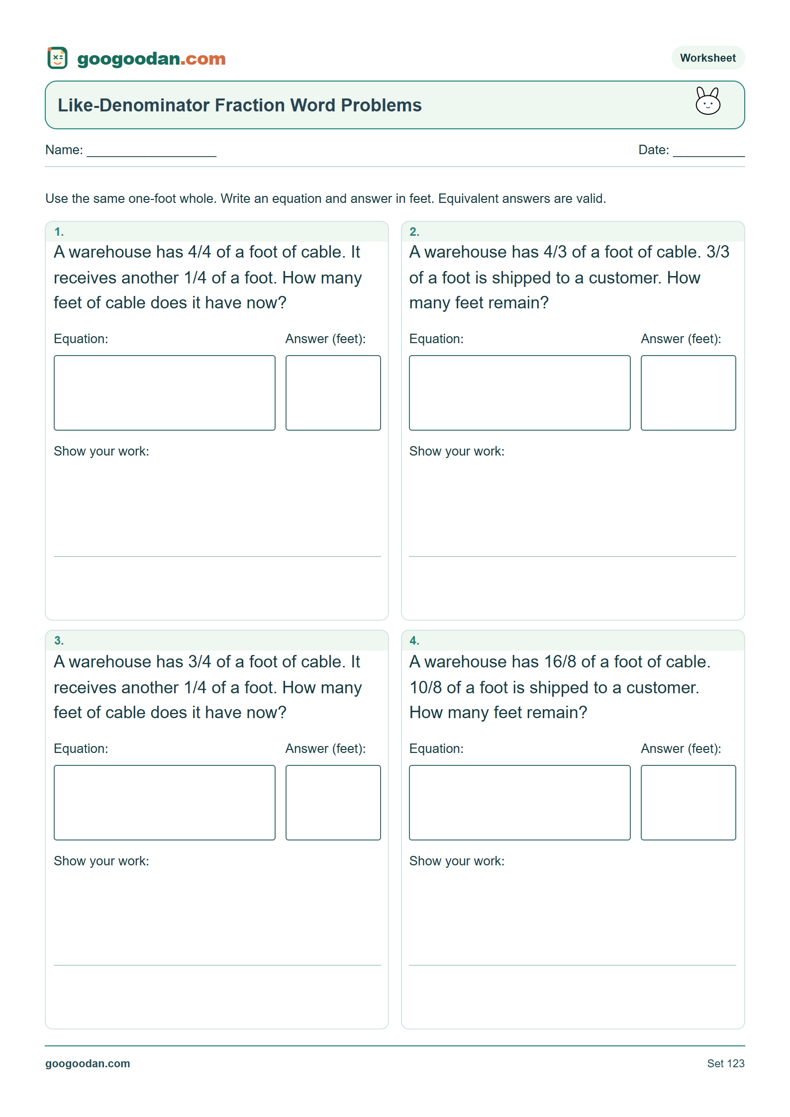 Full printable worksheet preview: Adding and Subtracting Fractions Word Problems With Like Denominators