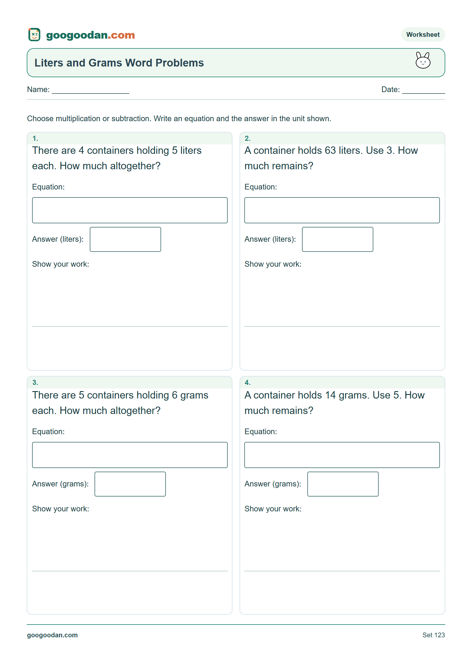 Full printable worksheet preview: Liters and Grams Word Problems