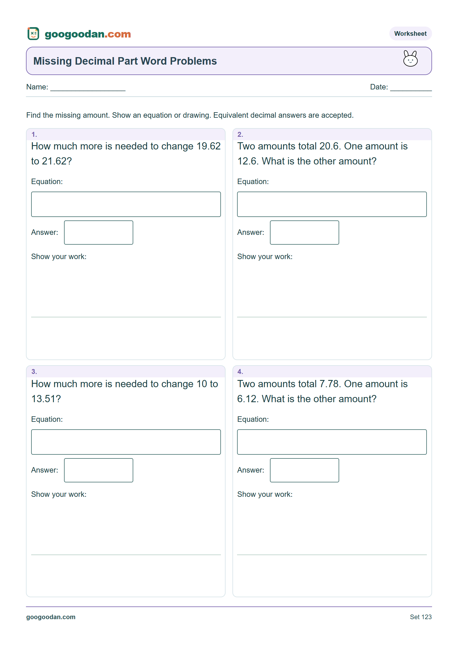 Full printable worksheet preview: Missing Decimal Part Word Problems