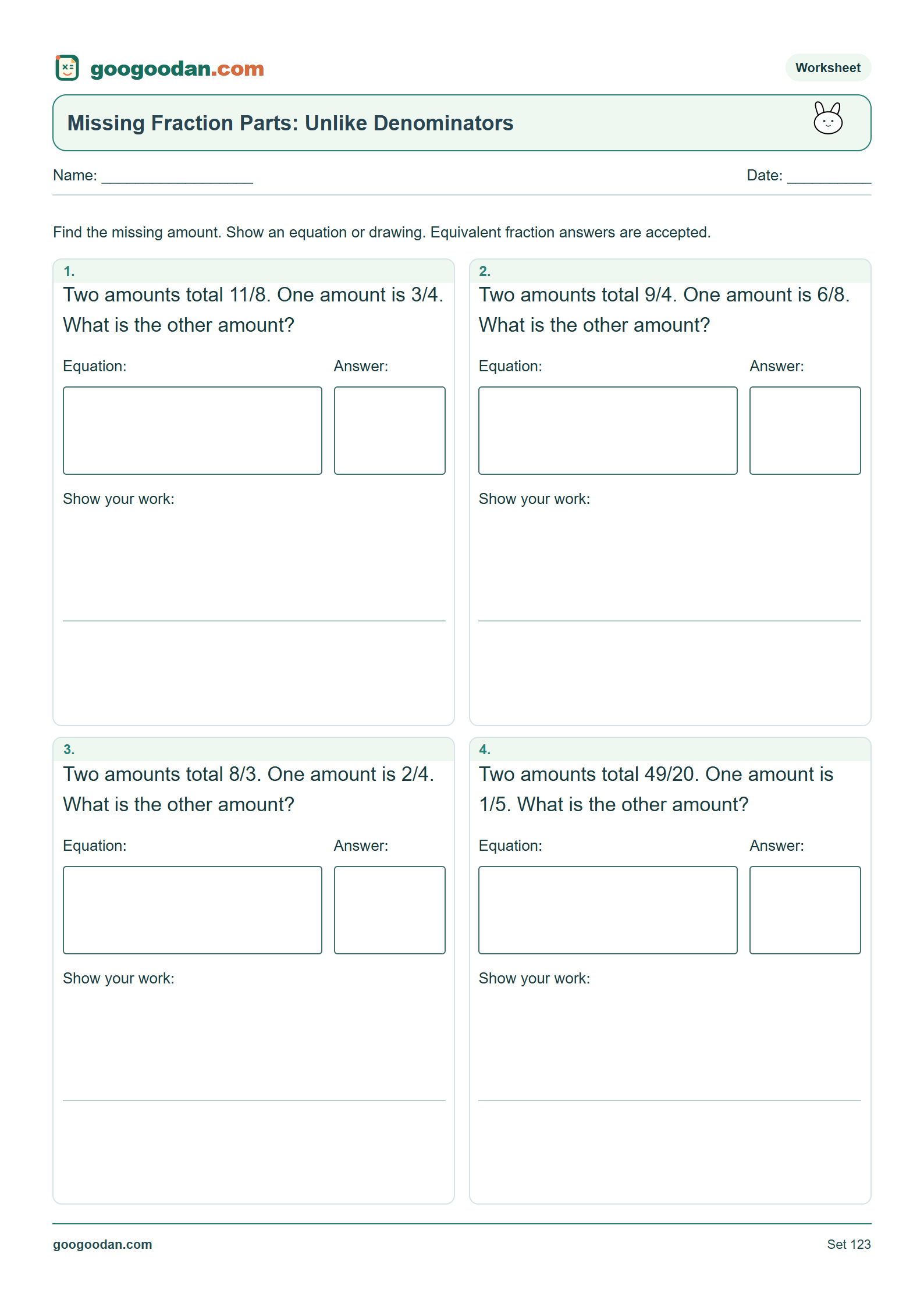 Full printable worksheet preview: Missing Fraction Part Word Problems With Unlike Denominators