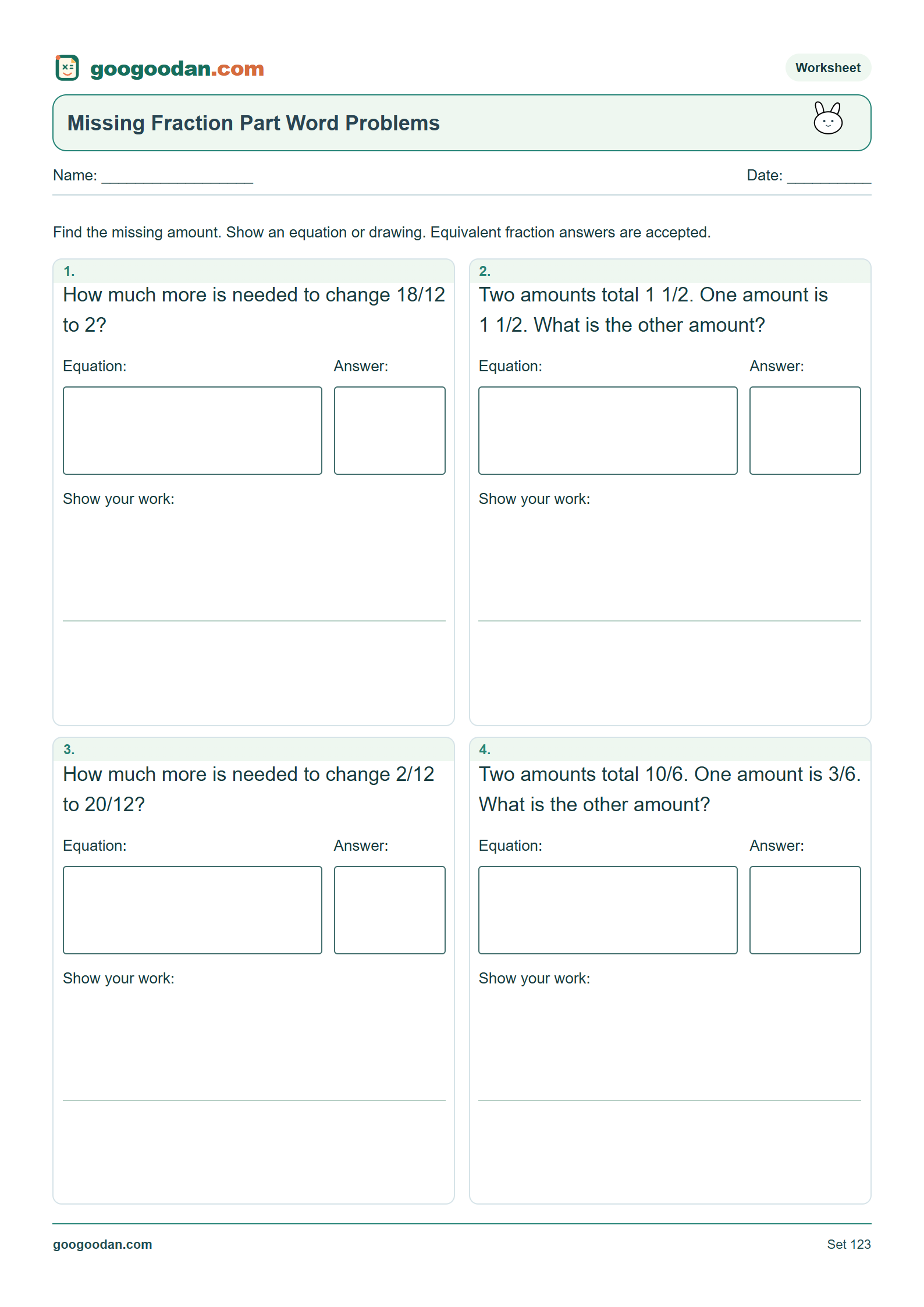 Full printable worksheet preview: Missing Fraction Part Word Problems