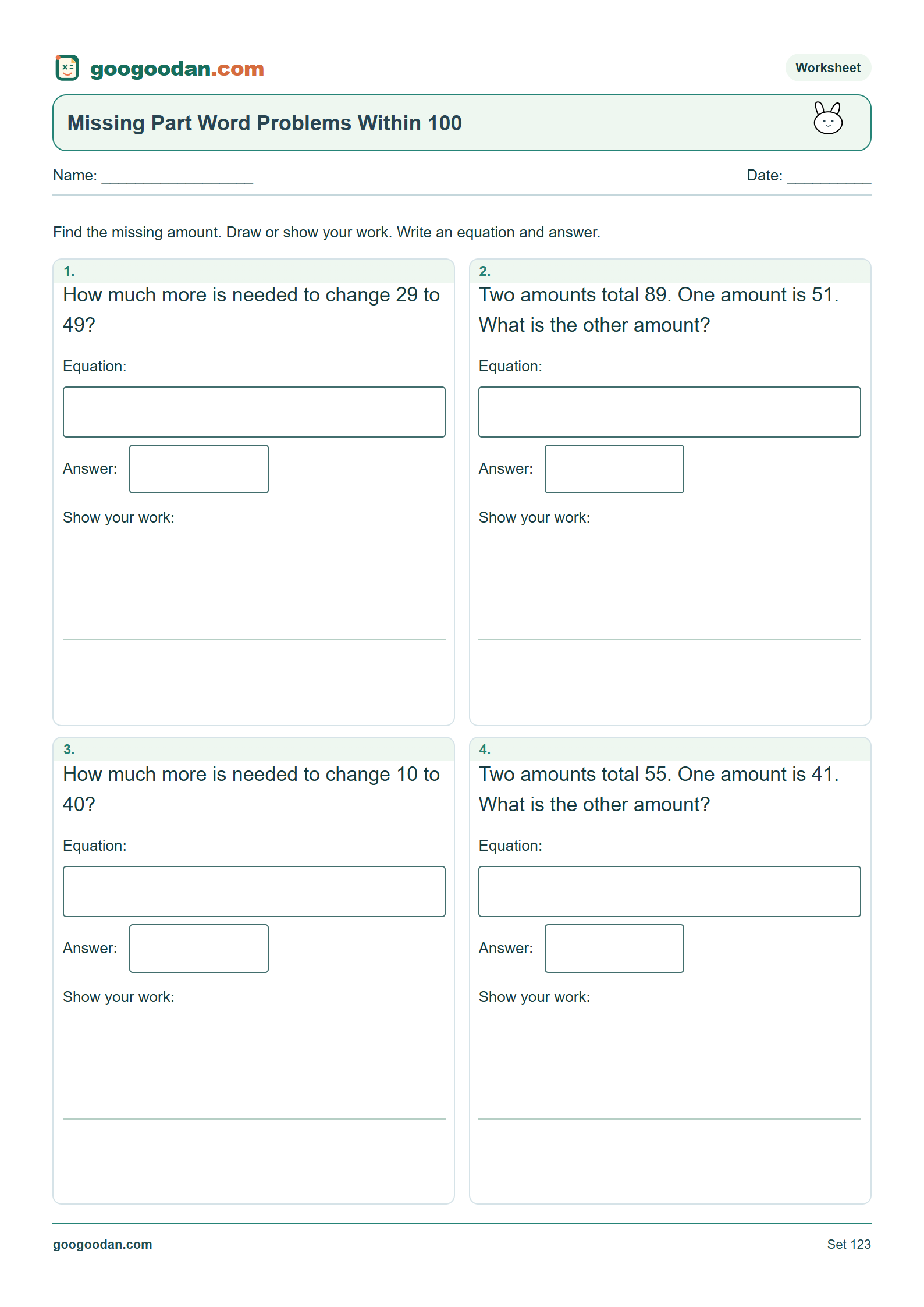 Full printable worksheet preview: Missing Part Word Problems — Within 100 or 1,000