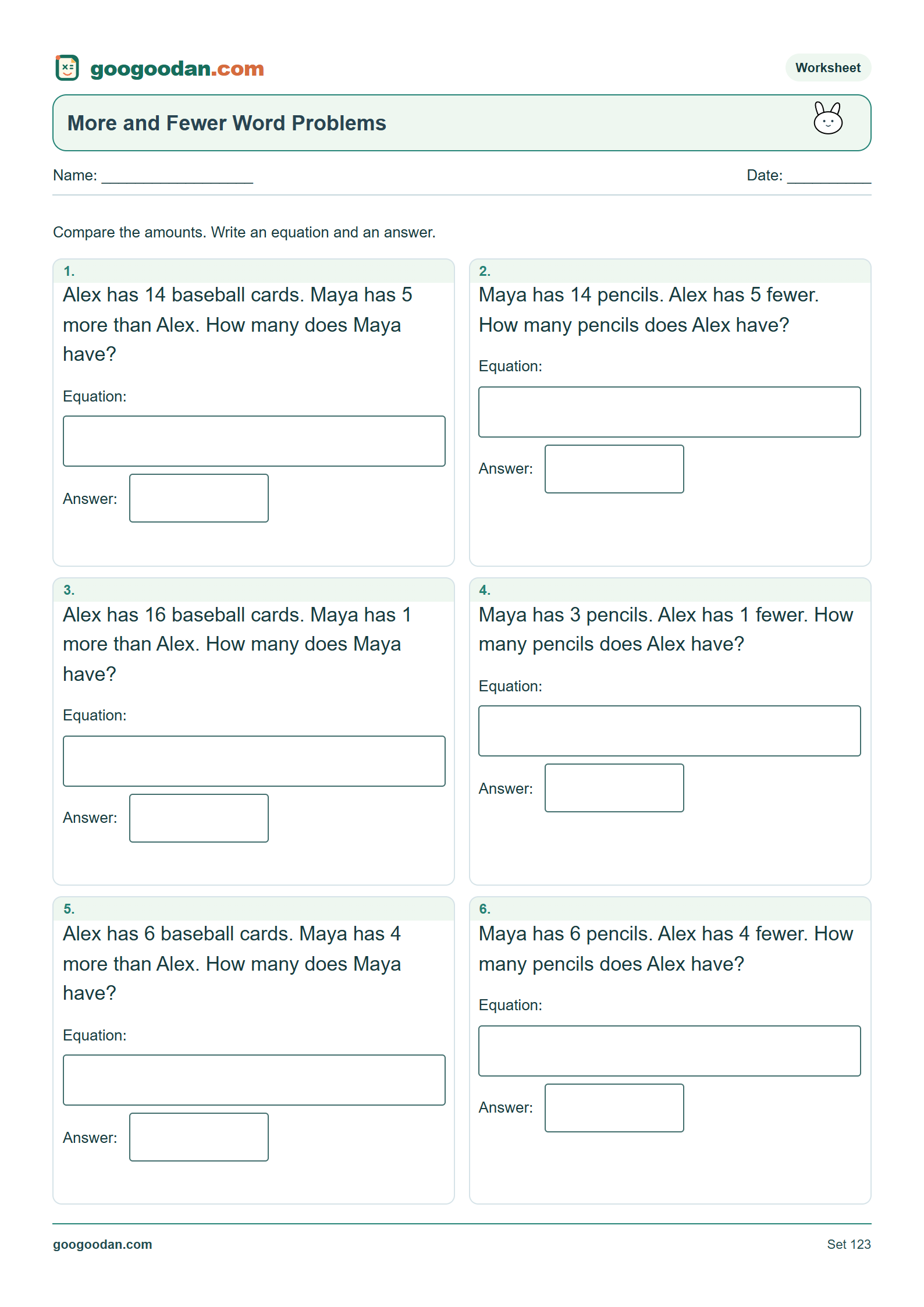 Full printable worksheet preview: More and Fewer Comparison Word Problems