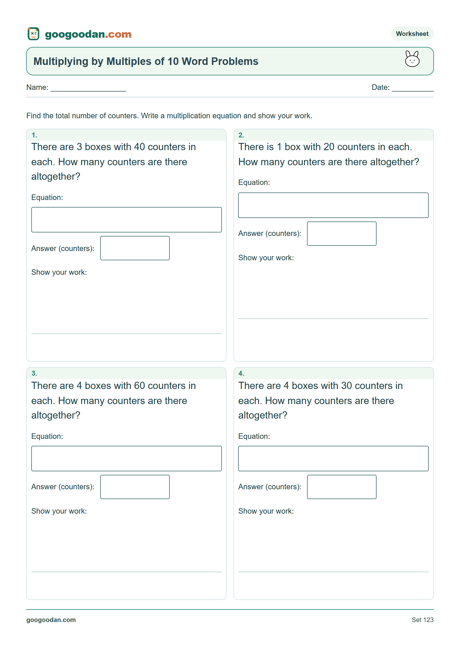 Full printable worksheet preview: Multiplying by Multiples of 10 Word Problems