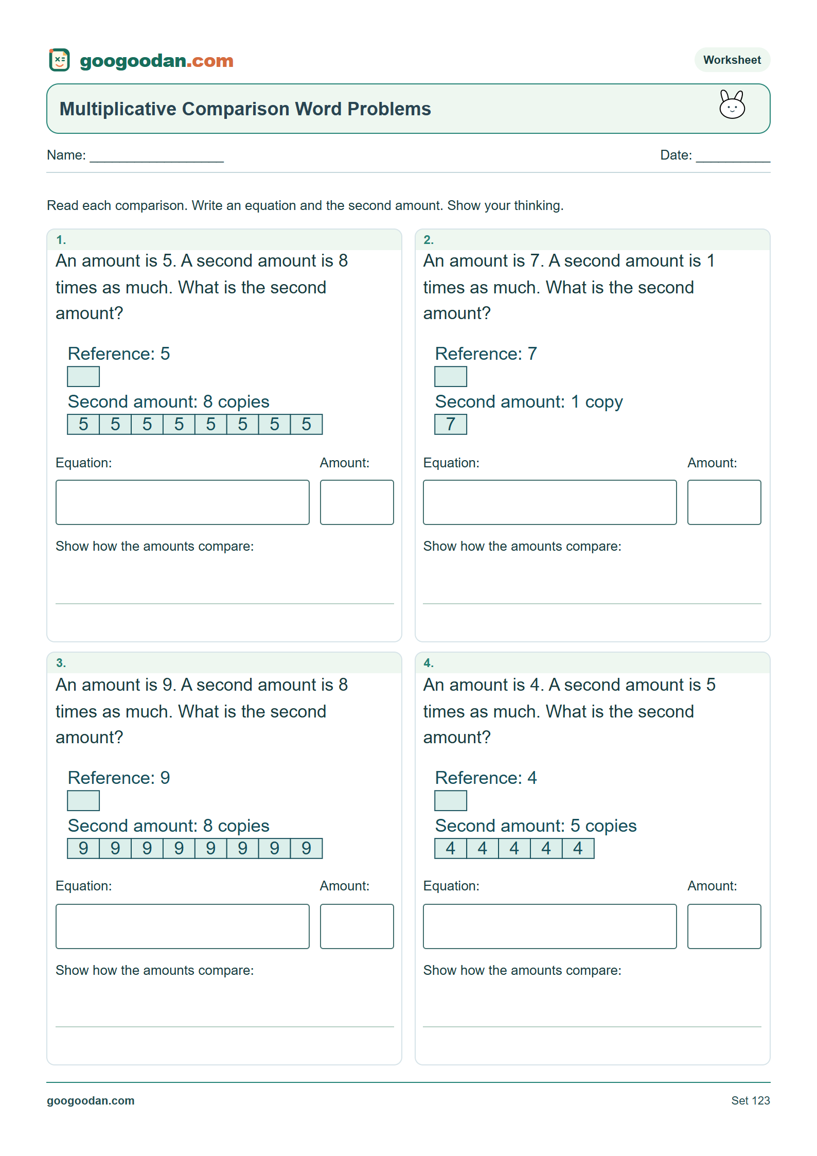 Full printable worksheet preview: Multiplicative Comparison Word Problems