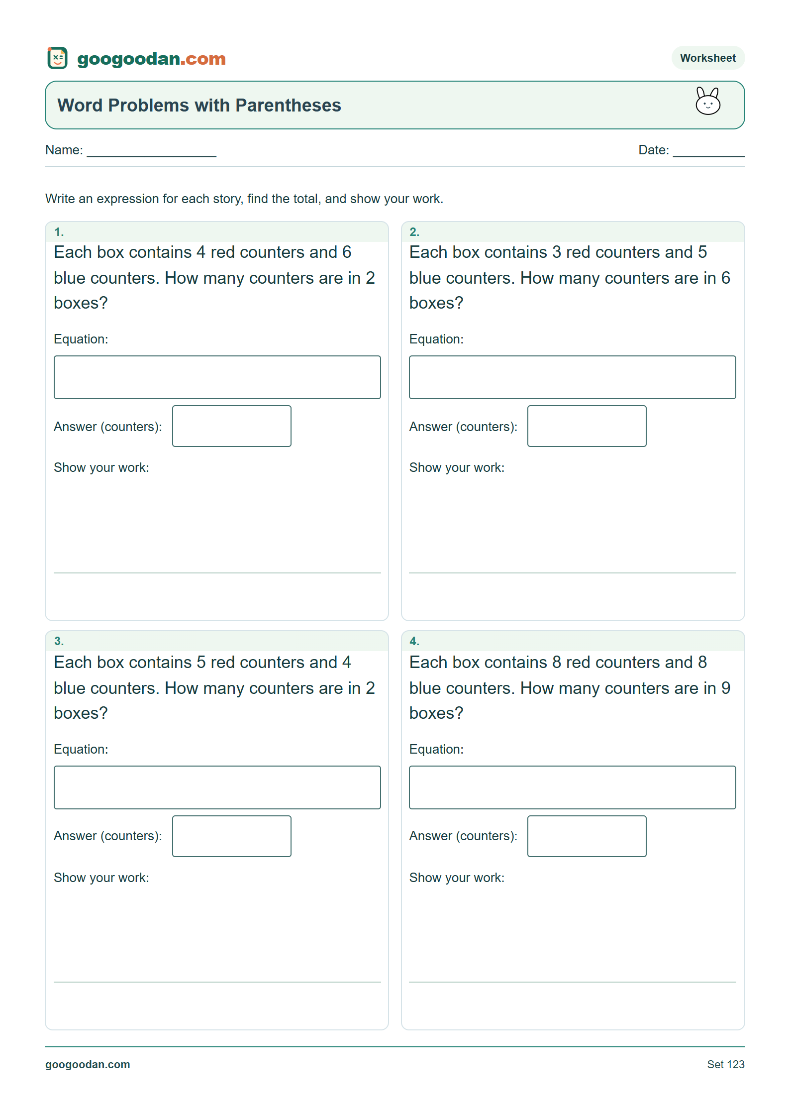 Full printable worksheet preview: Order of Operations Word Problems with Parentheses