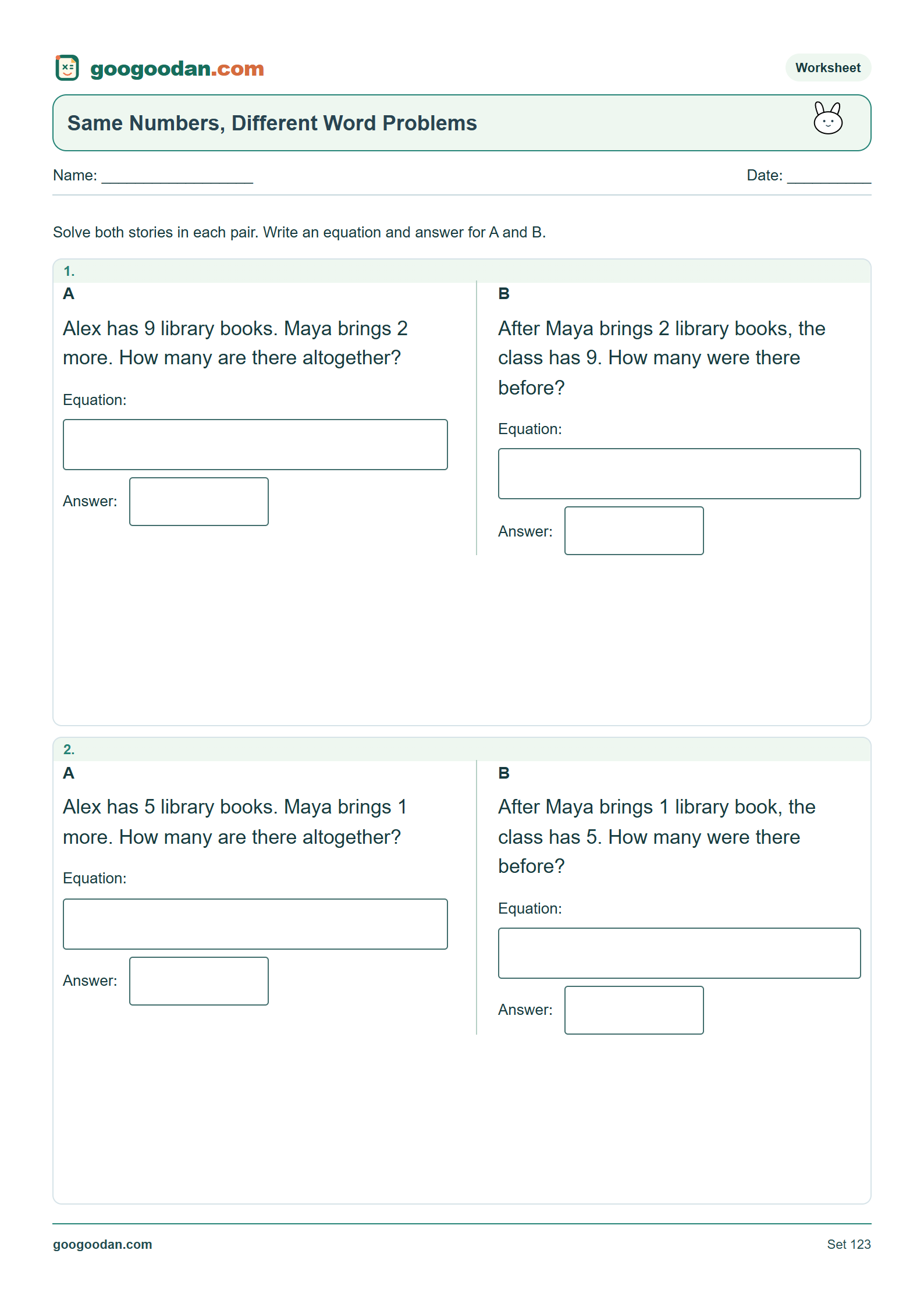 Full printable worksheet preview: Same Numbers, Different Questions Word Problems