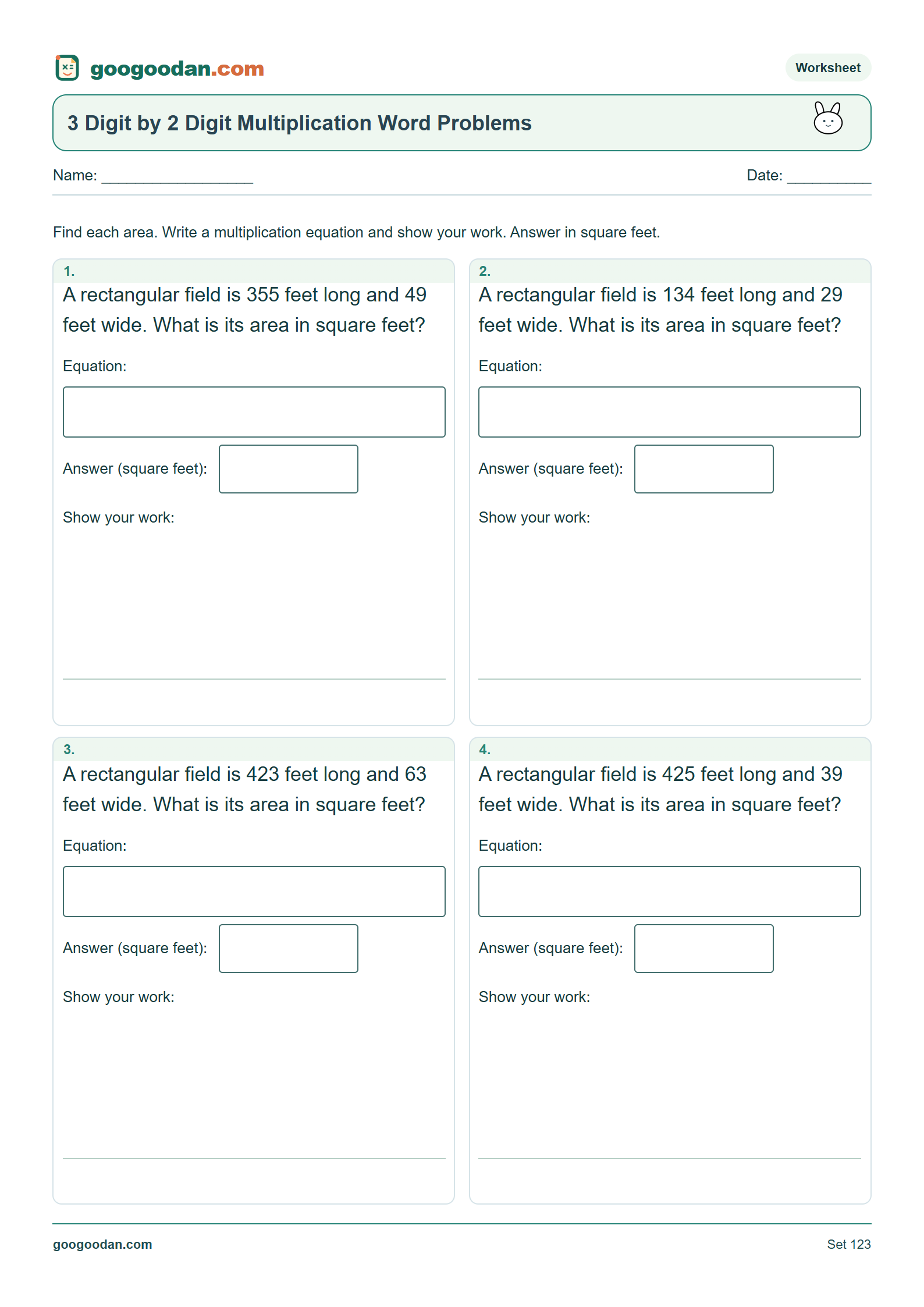Full printable worksheet preview: 3 Digit by 2 Digit Multiplication Word Problems