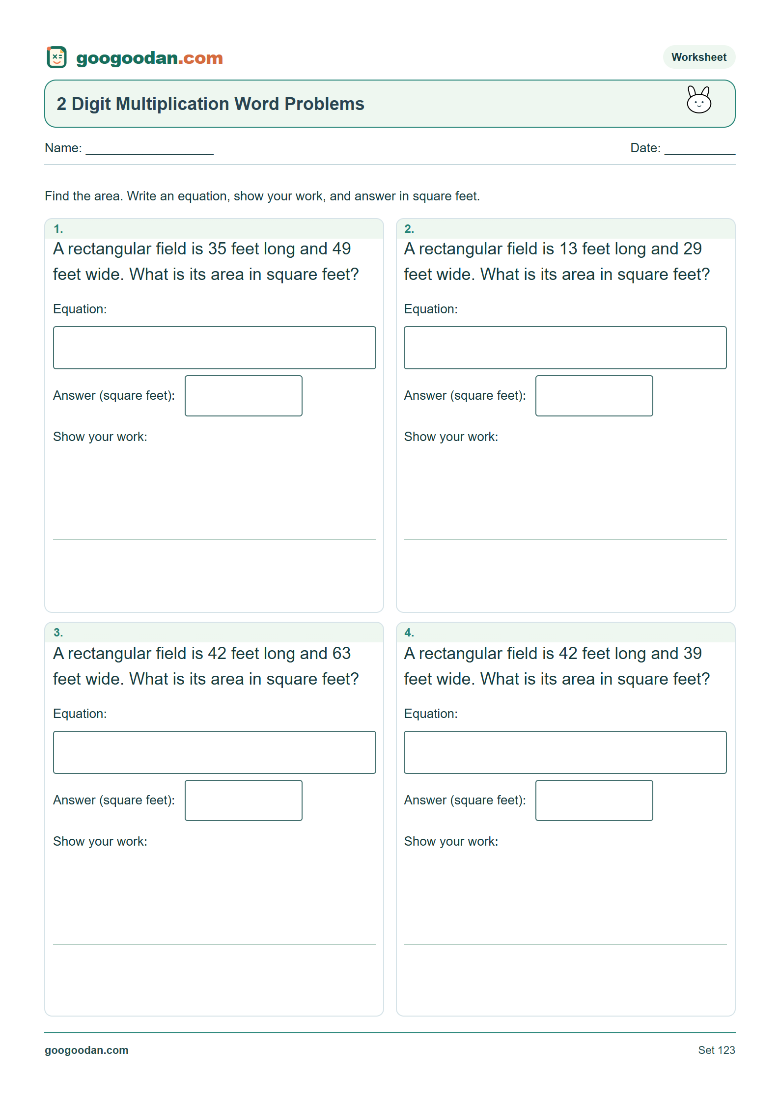 Full printable worksheet preview: 2 Digit Multiplication Word Problems: Rectangle Area