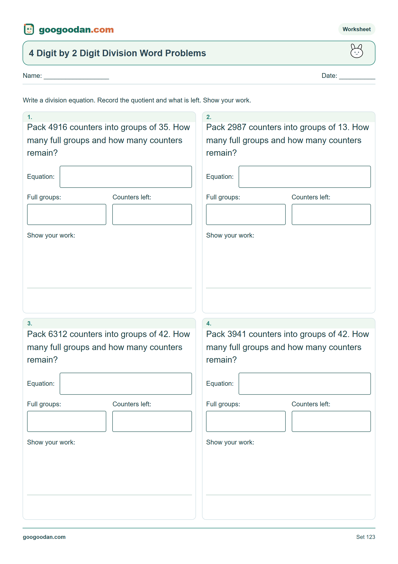 Full printable worksheet preview: 4 Digit by 2 Digit Division Word Problems