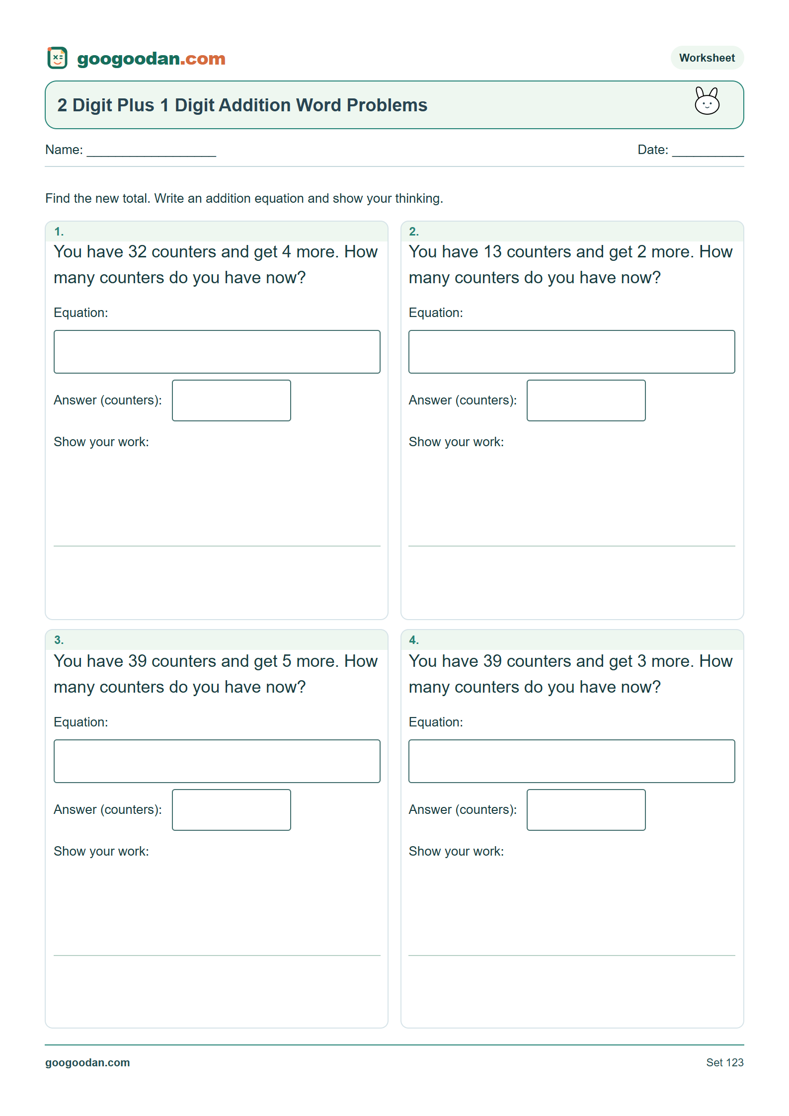 Full printable worksheet preview: 2 Digit Plus 1 Digit Addition Word Problems